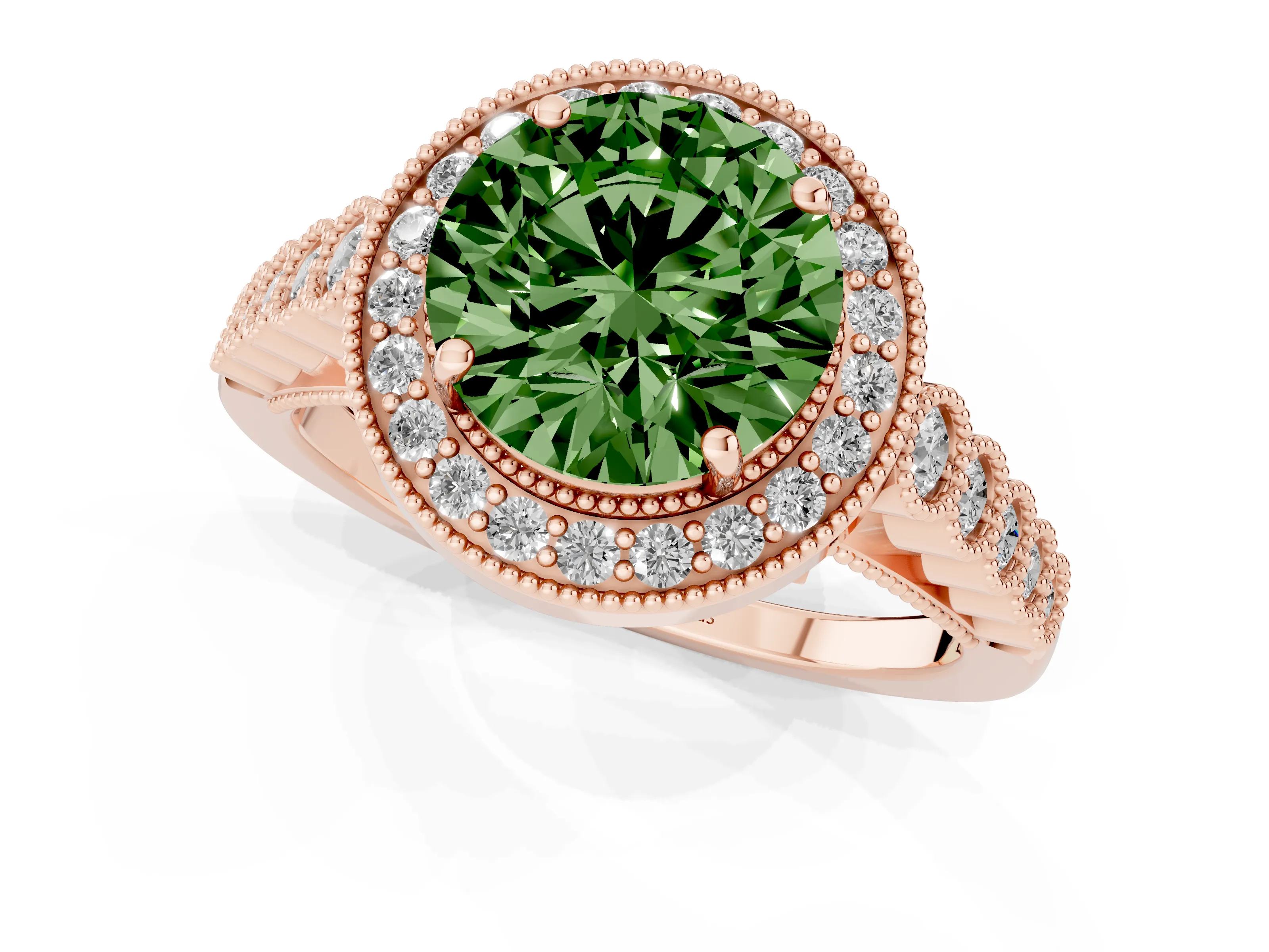 Fancy Green Round Cut Diamond Milgrain Halo Solitaire Ring Set in Rose gold with Bezel Set Side Stones and Pavé Band