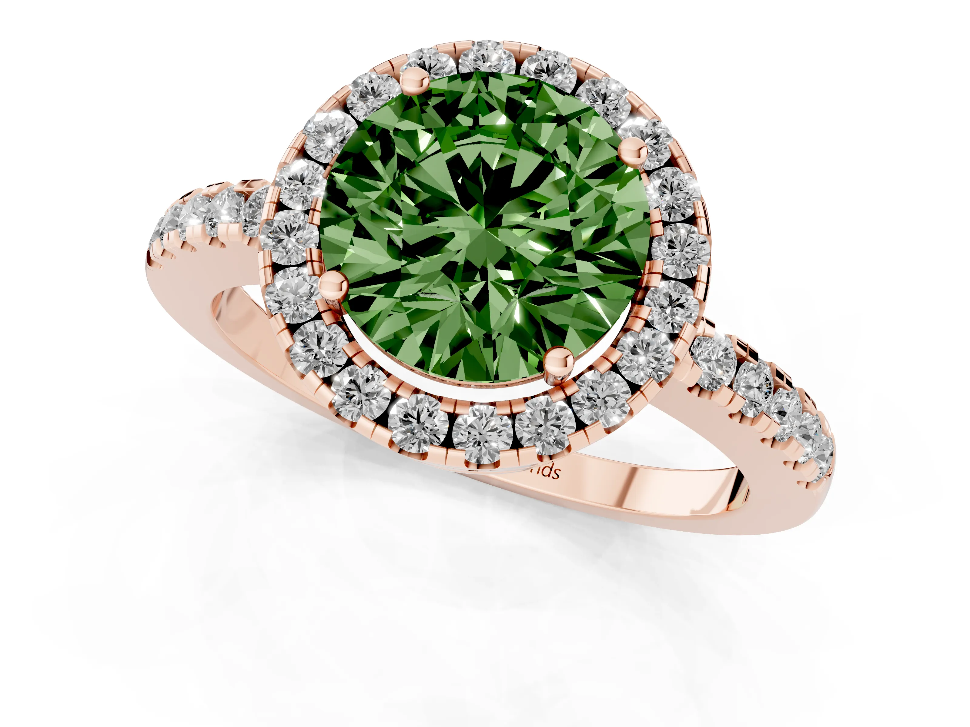 Fancy Green Round Cut Diamond Pavé Band Halo Engagement Ring Set in Rose gold with Prong Setting
