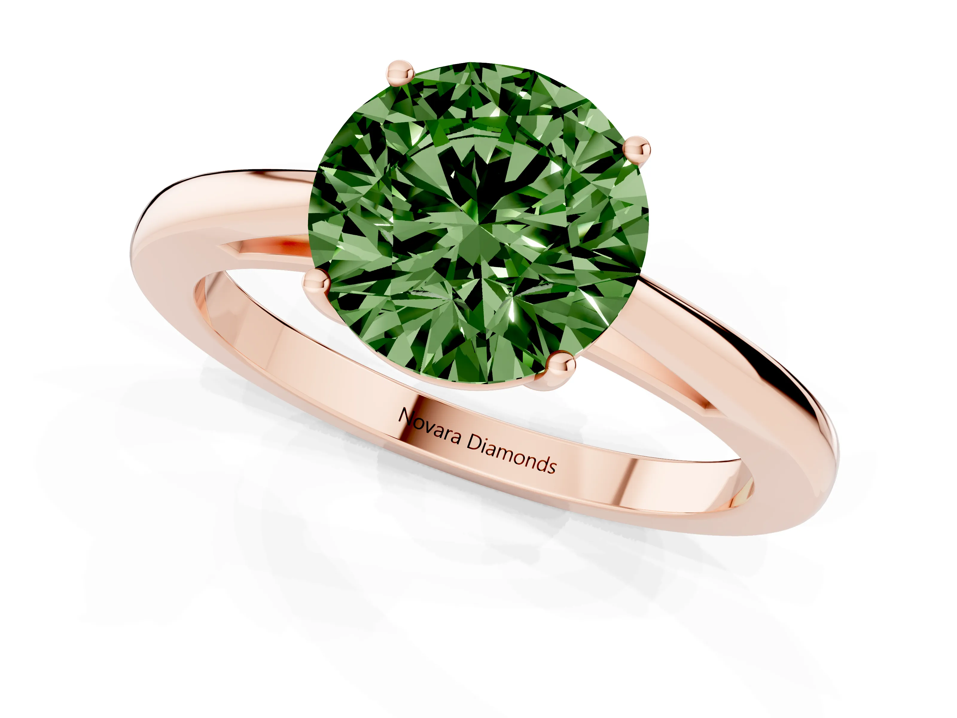 Fancy Green Round Cut Diamond Solitaire Ring Set in Rose gold with Split Shank and Prong Setting