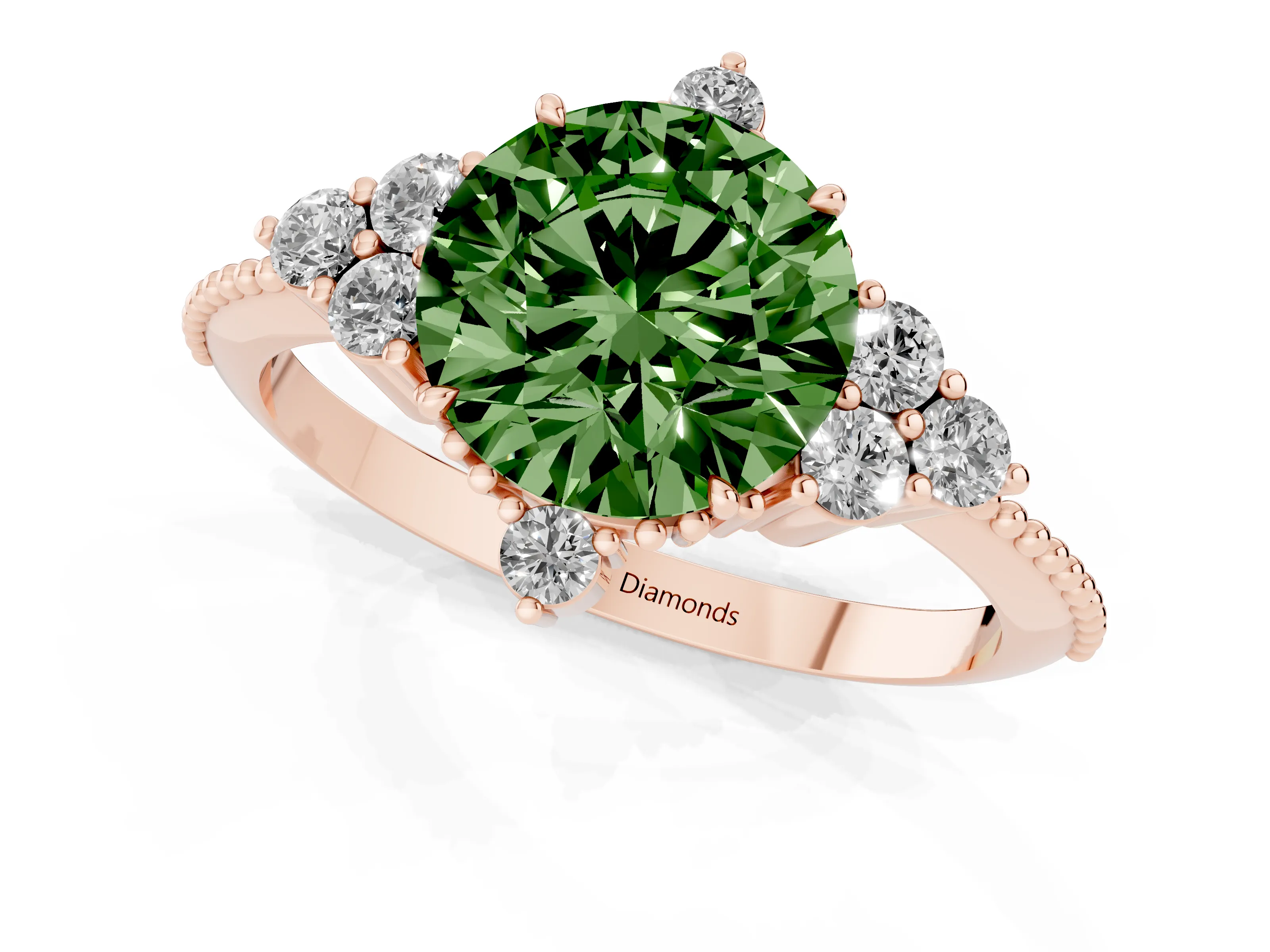Fancy Green Round Cut Diamond Cluster Ring Set in Rose gold with Beaded Band