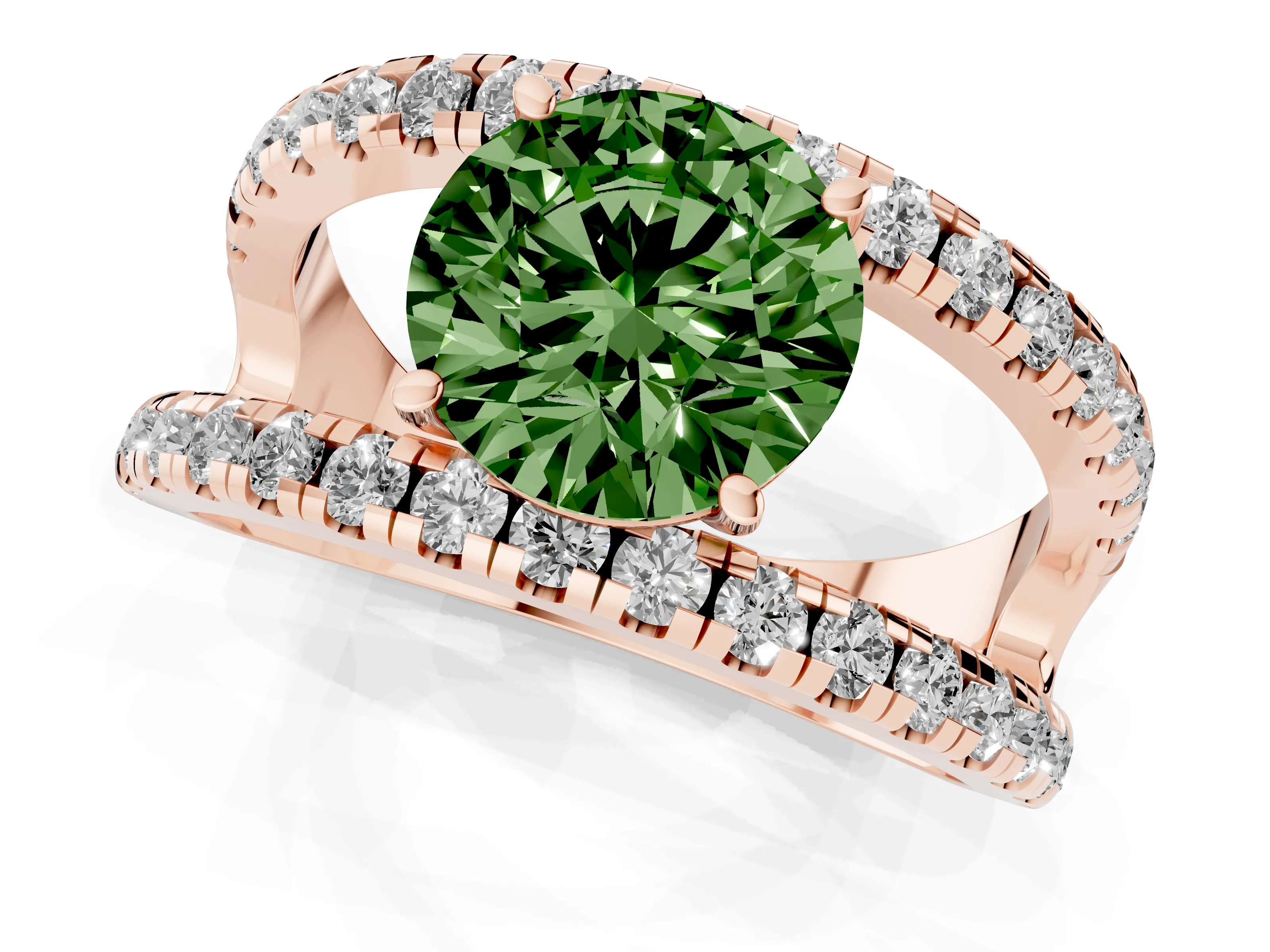 Fancy Green Round Cut Diamond Split Shank Pavé Solitaire Ring Set in Rose gold with Open Shank Design