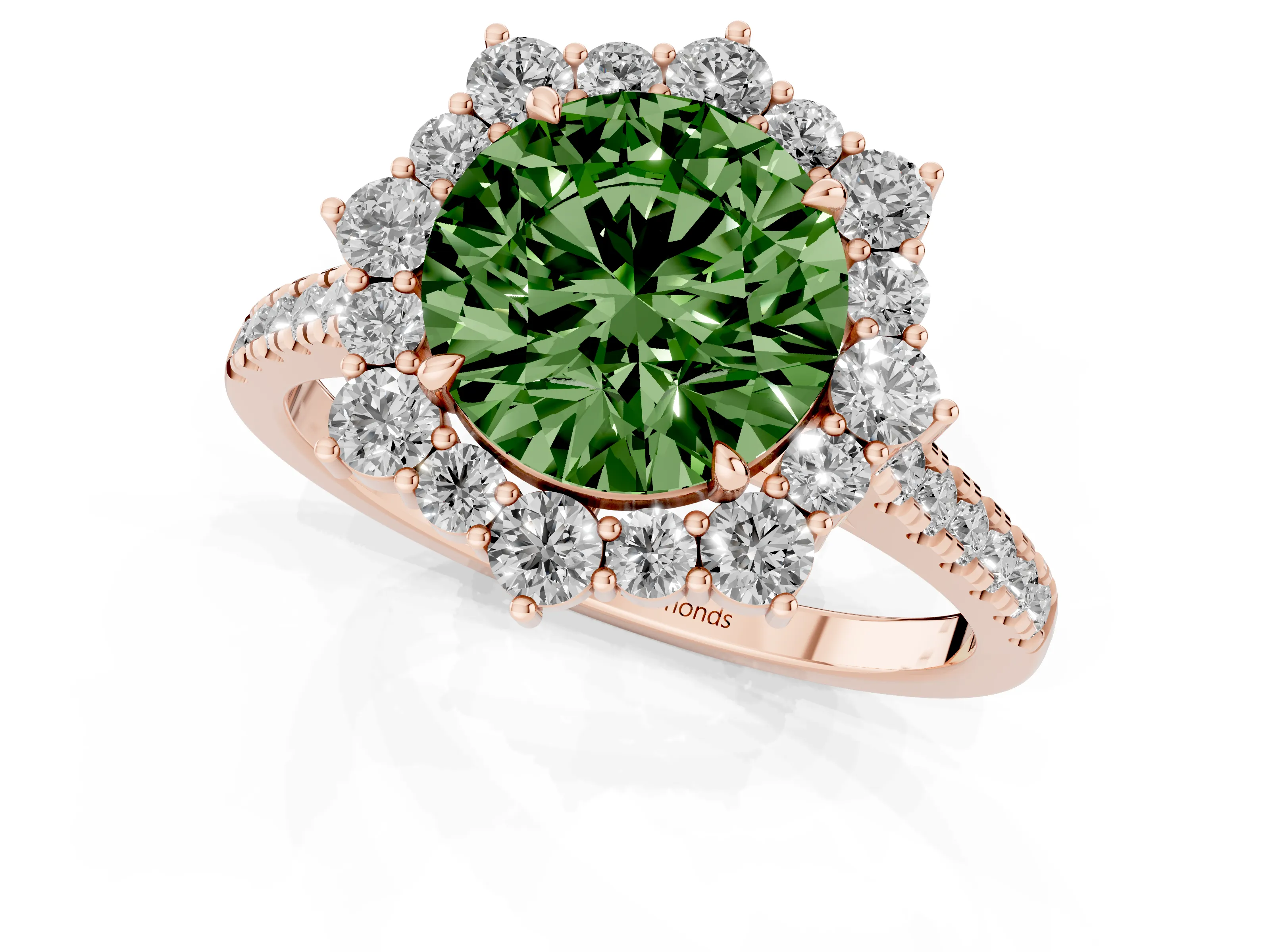 Fancy Green Round Cut Diamond Halo Ring Set in Rose gold with Pavé Band and Prong Setting