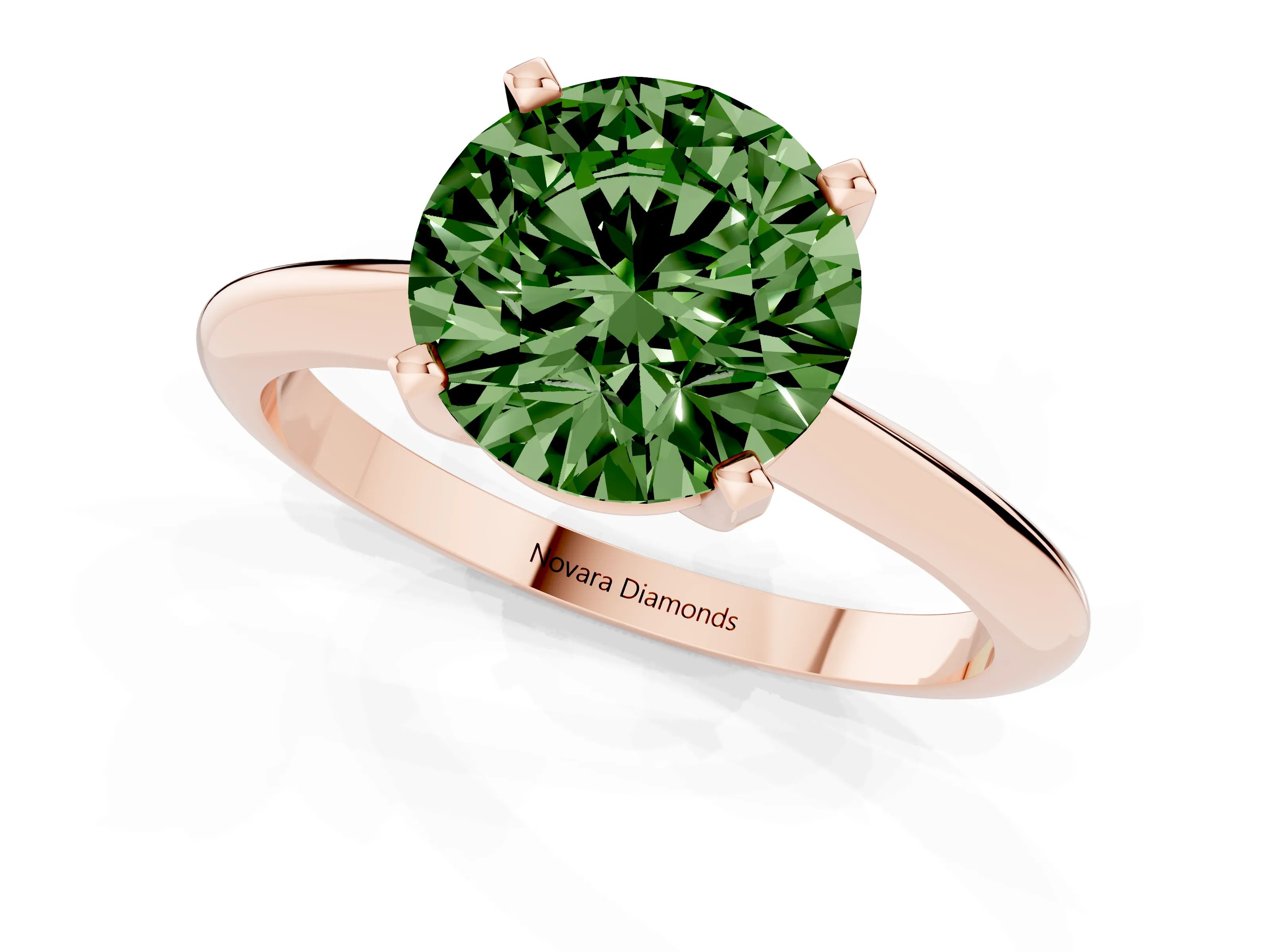 Fancy Green Round Cut Diamond Solitaire Ring Set in Rose gold with Prong Setting on a Plain Round Band
