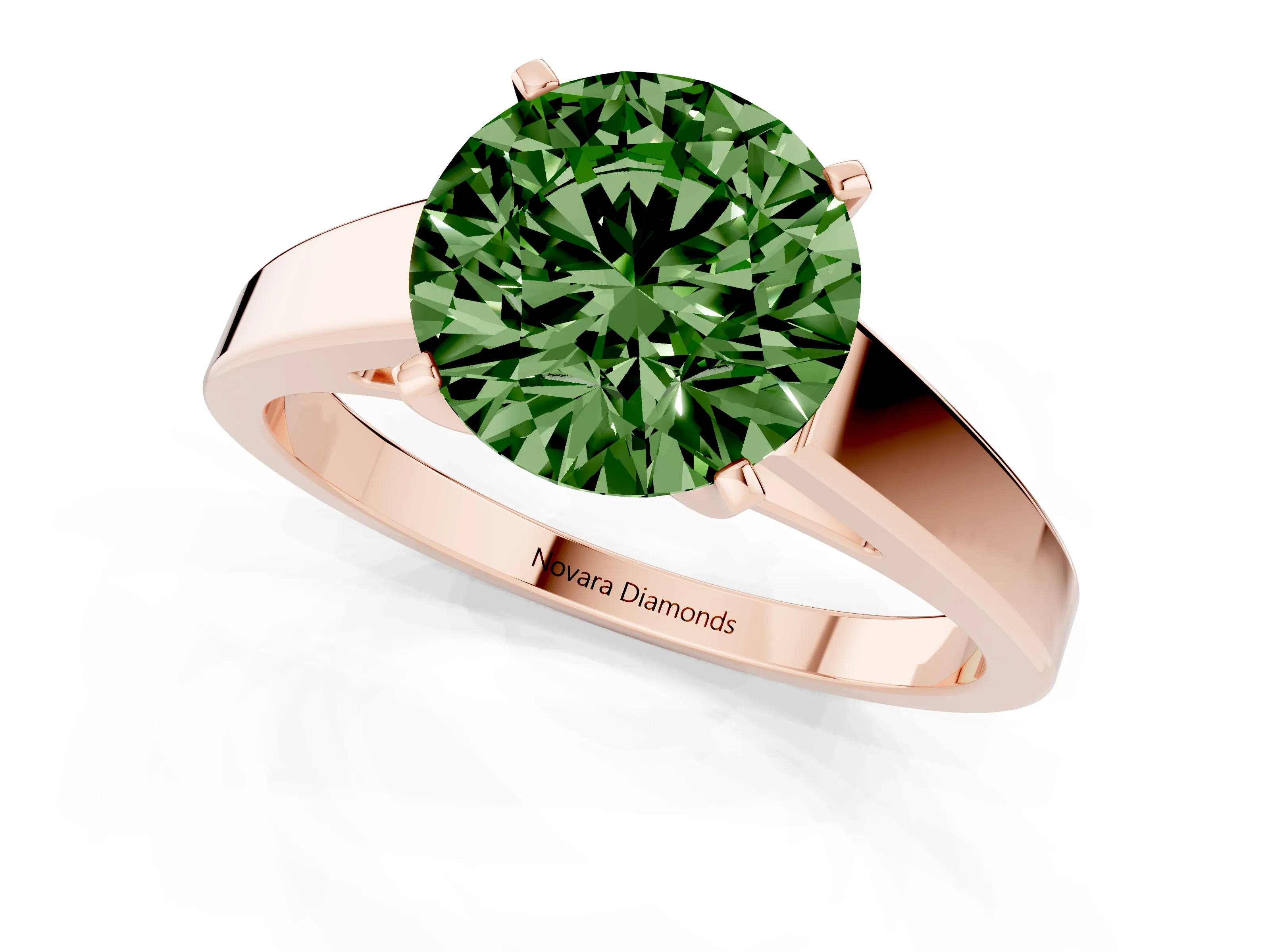 Fancy Green Round Cut Diamond Solitaire Engagement Ring Set in Rose gold with Prong Setting and Tapered Band