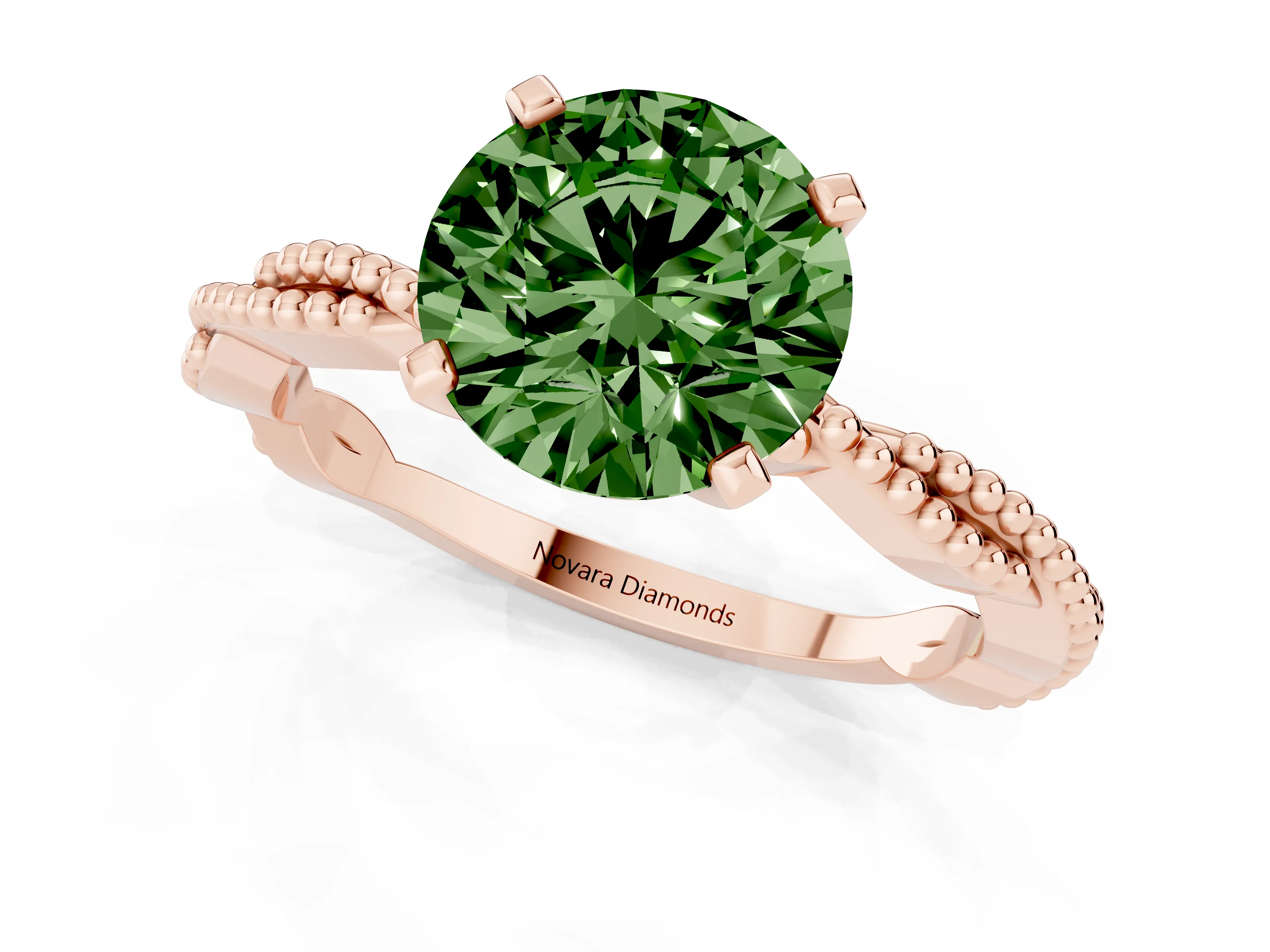 Fancy Green Round Cut Diamond Solitaire Ring Set in Rose gold with Twisted Band and Bead Prong Setting