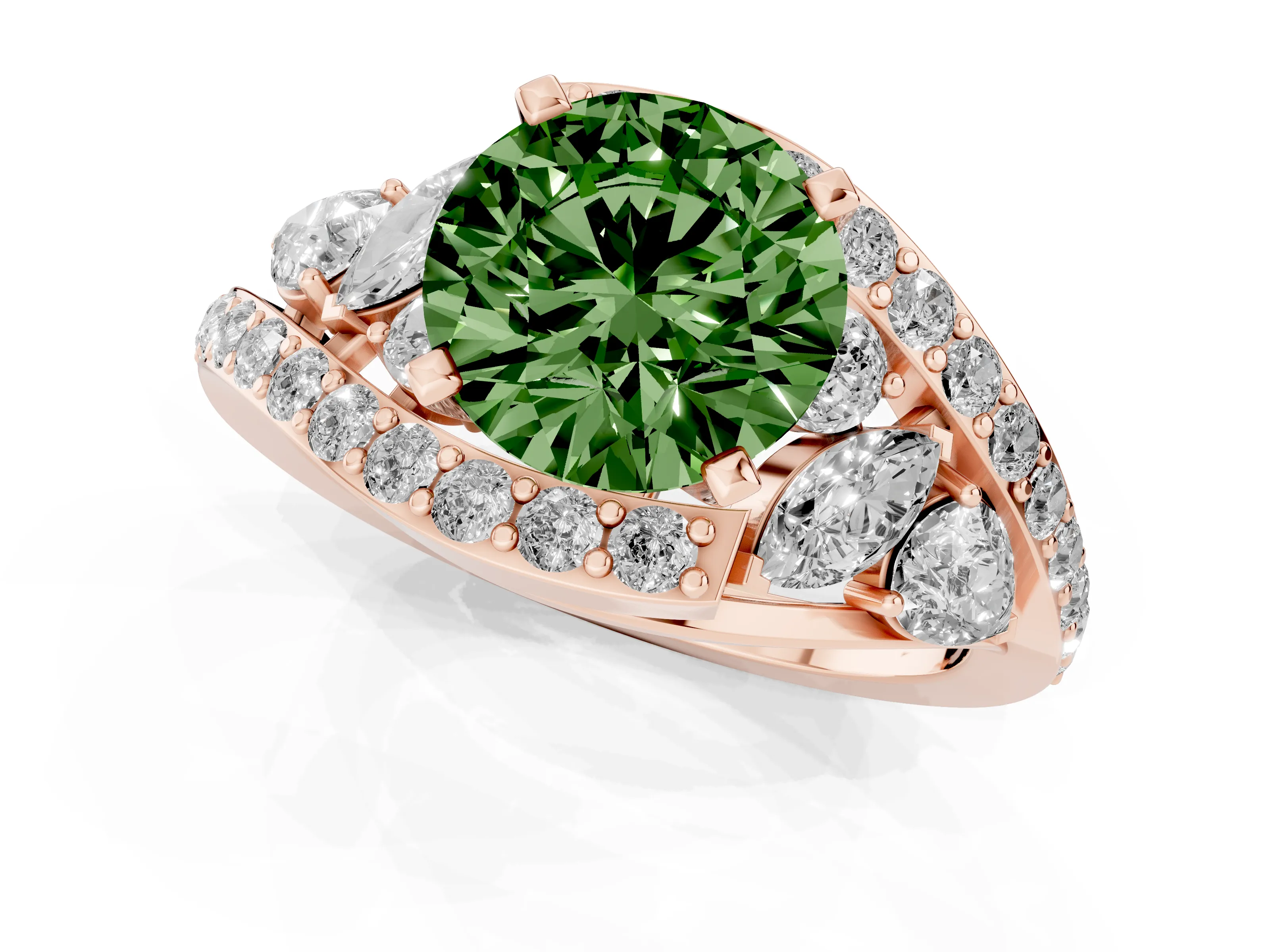 Fancy Green Round Cut Diamond Halo Ring Set in Rose gold with Marquise and Pavé Band in Prong Setting