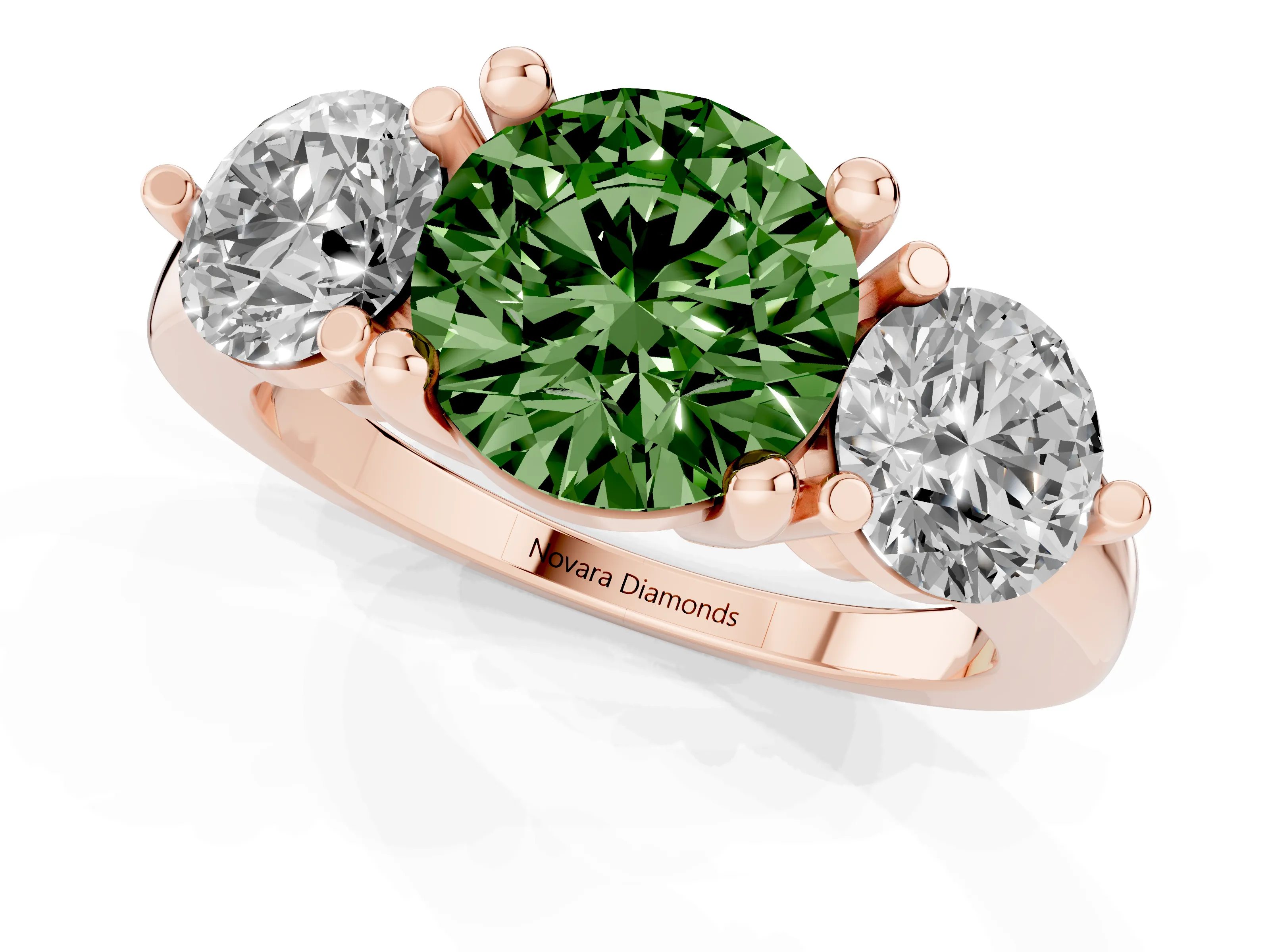 Fancy Green Round Cut Diamond Three-Stone Ring Set in Rose gold with Prong Setting and Classic Band