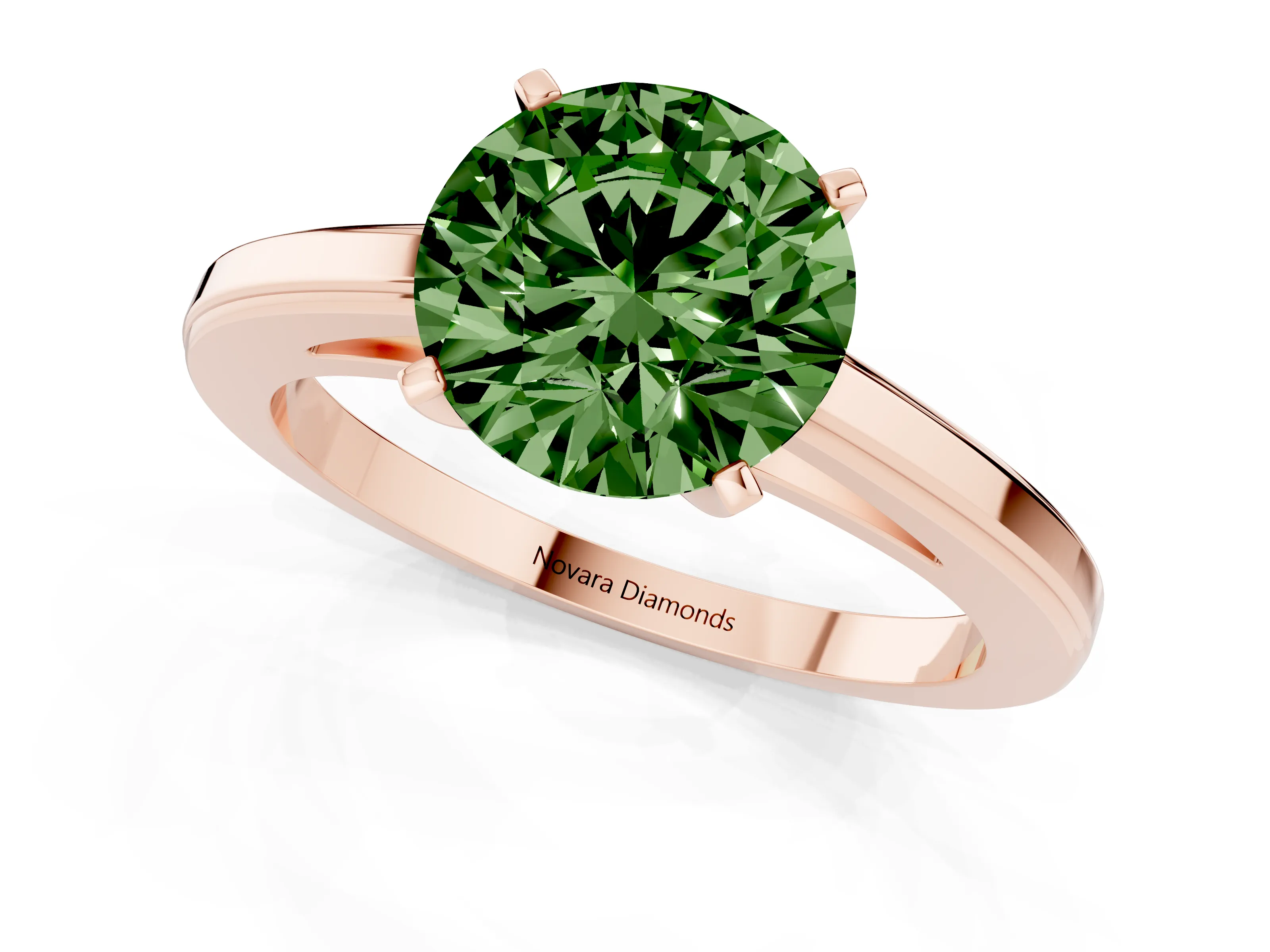 Fancy Green Round Cut Diamond Solitaire Ring Set in Rose gold with Prong Setting and Classic Band