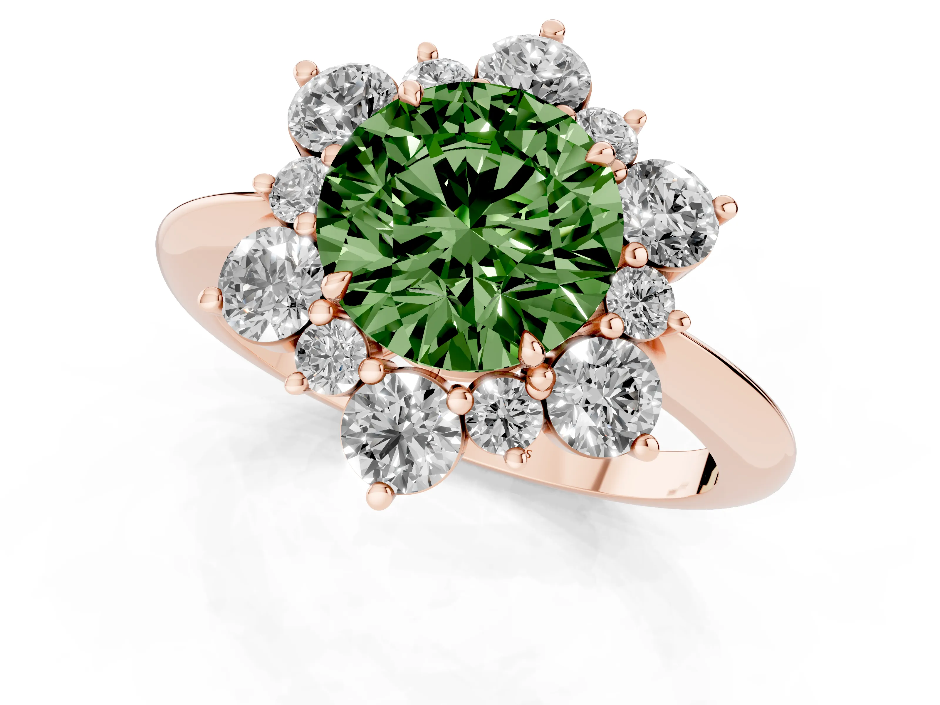 Fancy Green Round Cut Diamond Cluster Halo Ring Set in Rose gold with Solitaire Band and Prong Setting