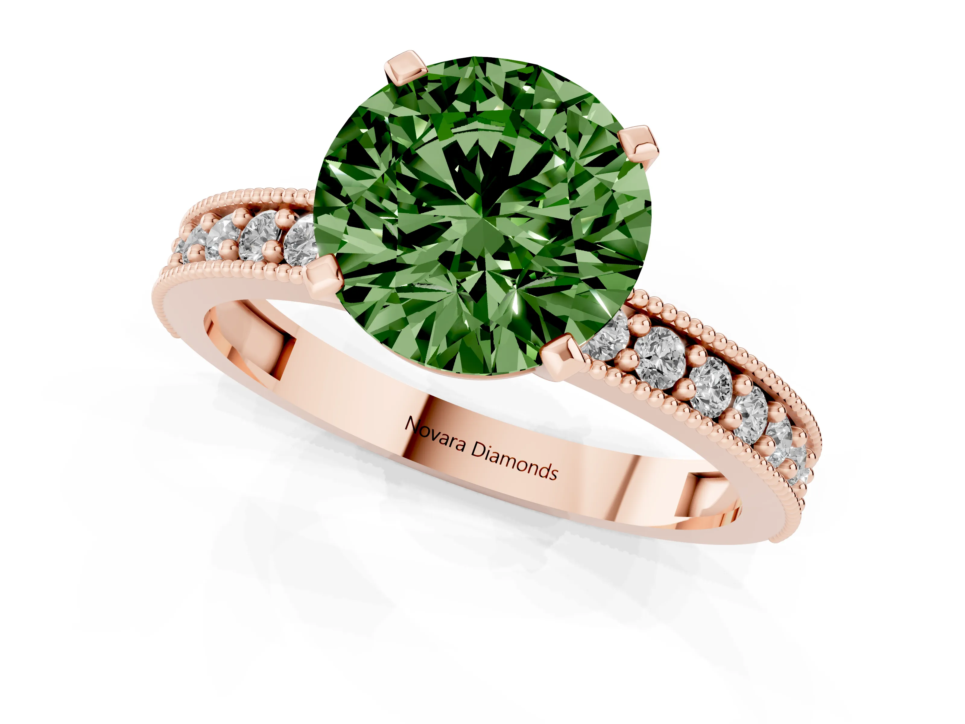 Fancy Green Round Cut Diamond Milgrain Pavé Engagement Ring Set in Rose gold with Prong Setting