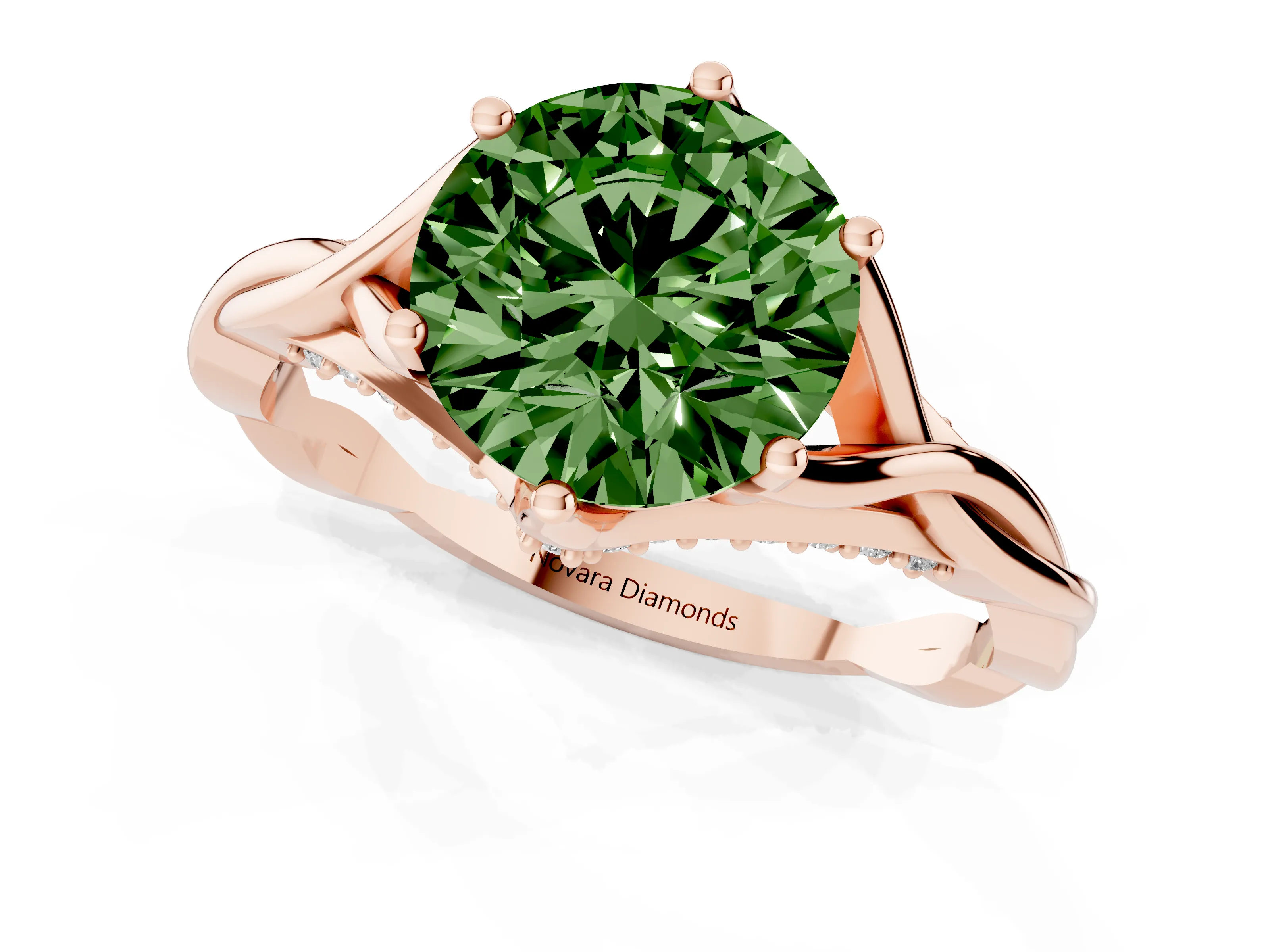 Fancy Green Round Cut Diamond Intertwined Twist Band Solitaire Ring Set in Rose gold with Prong Setting