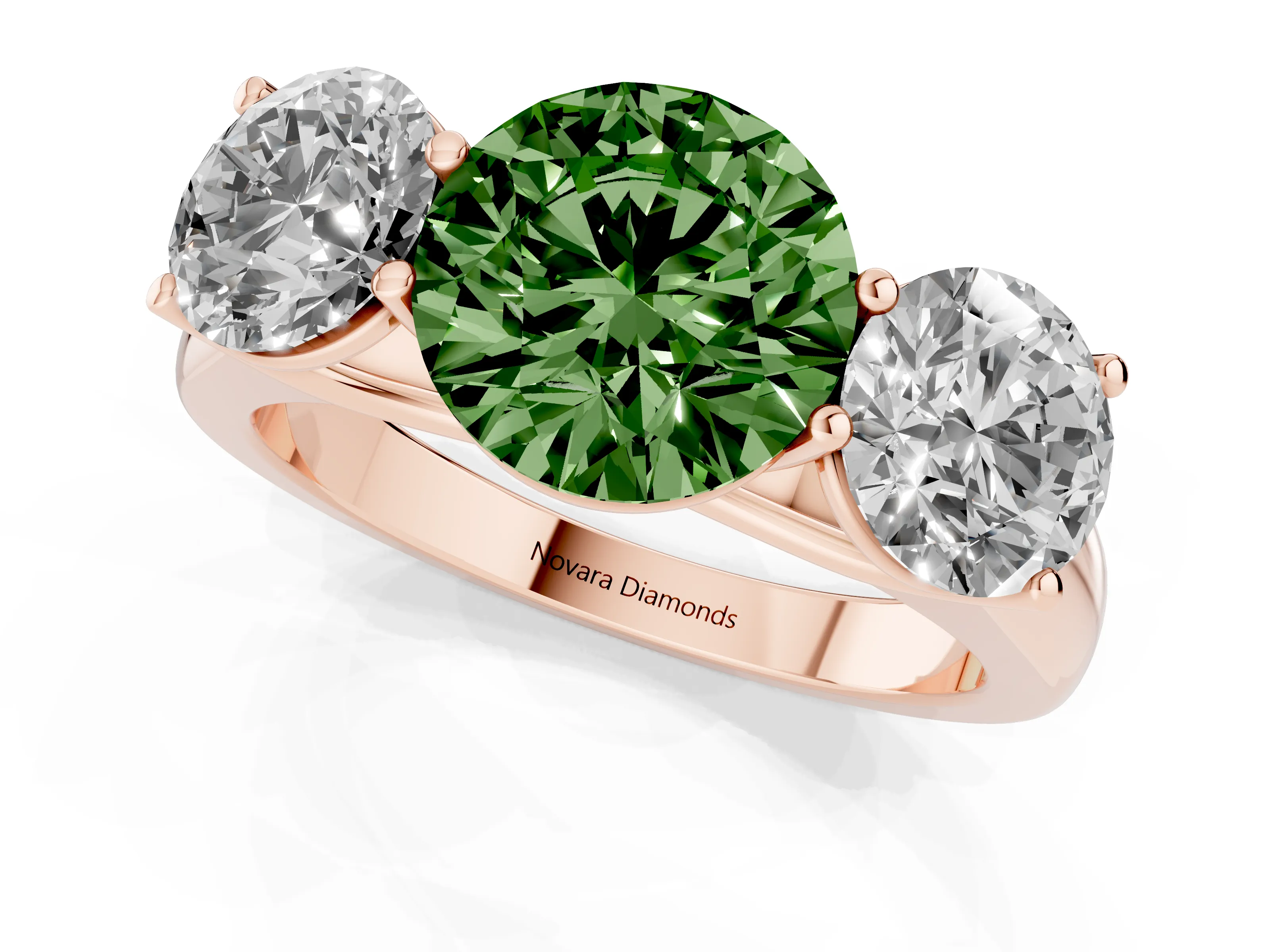 Fancy Green Round Cut Diamond Three-Stone Ring Set in Rose gold with Plain Polished Band