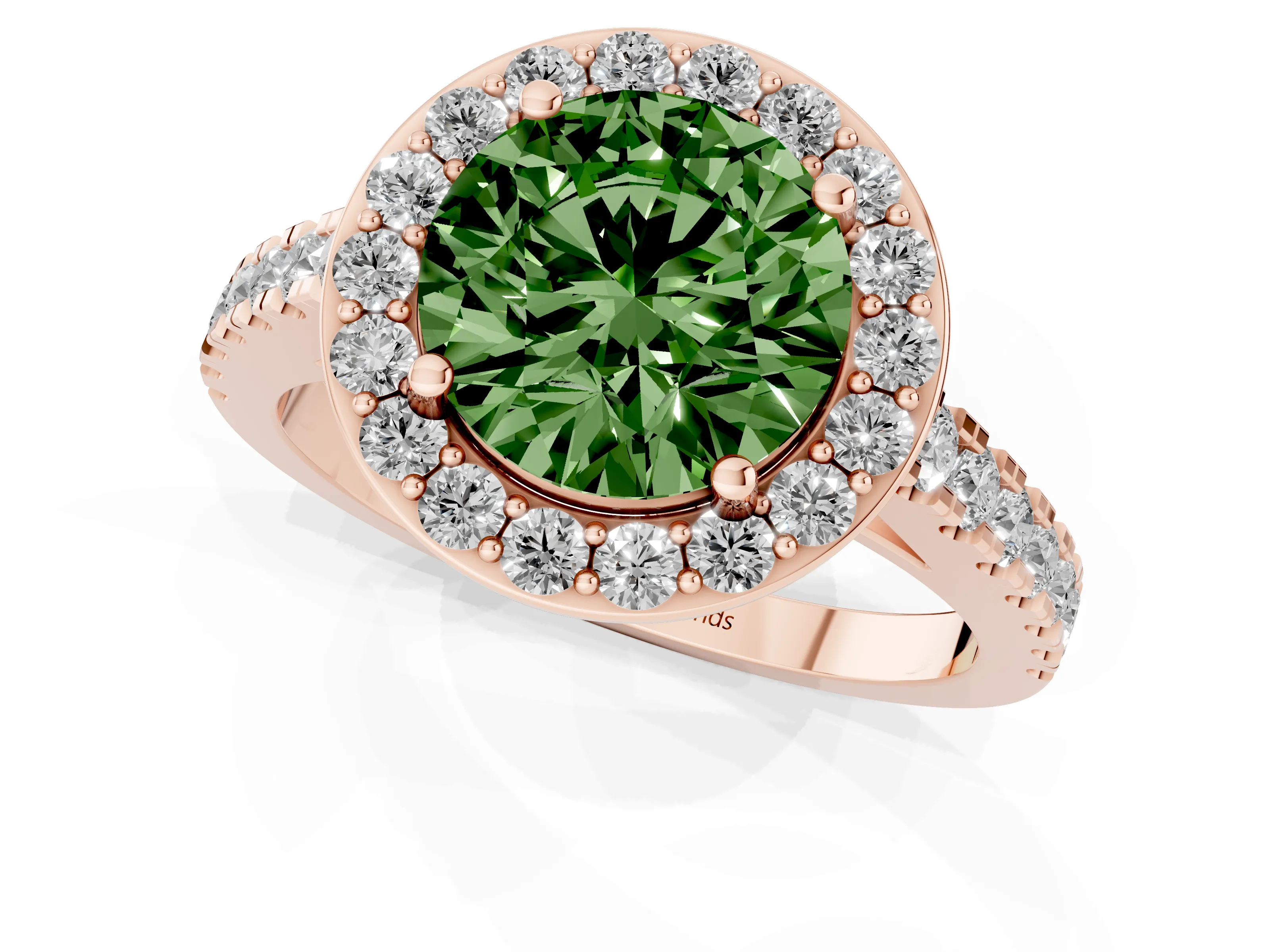 Fancy Green Round Cut Diamond Halo Ring Set in Rose gold with Round Pavé Split Shank and Prong Setting