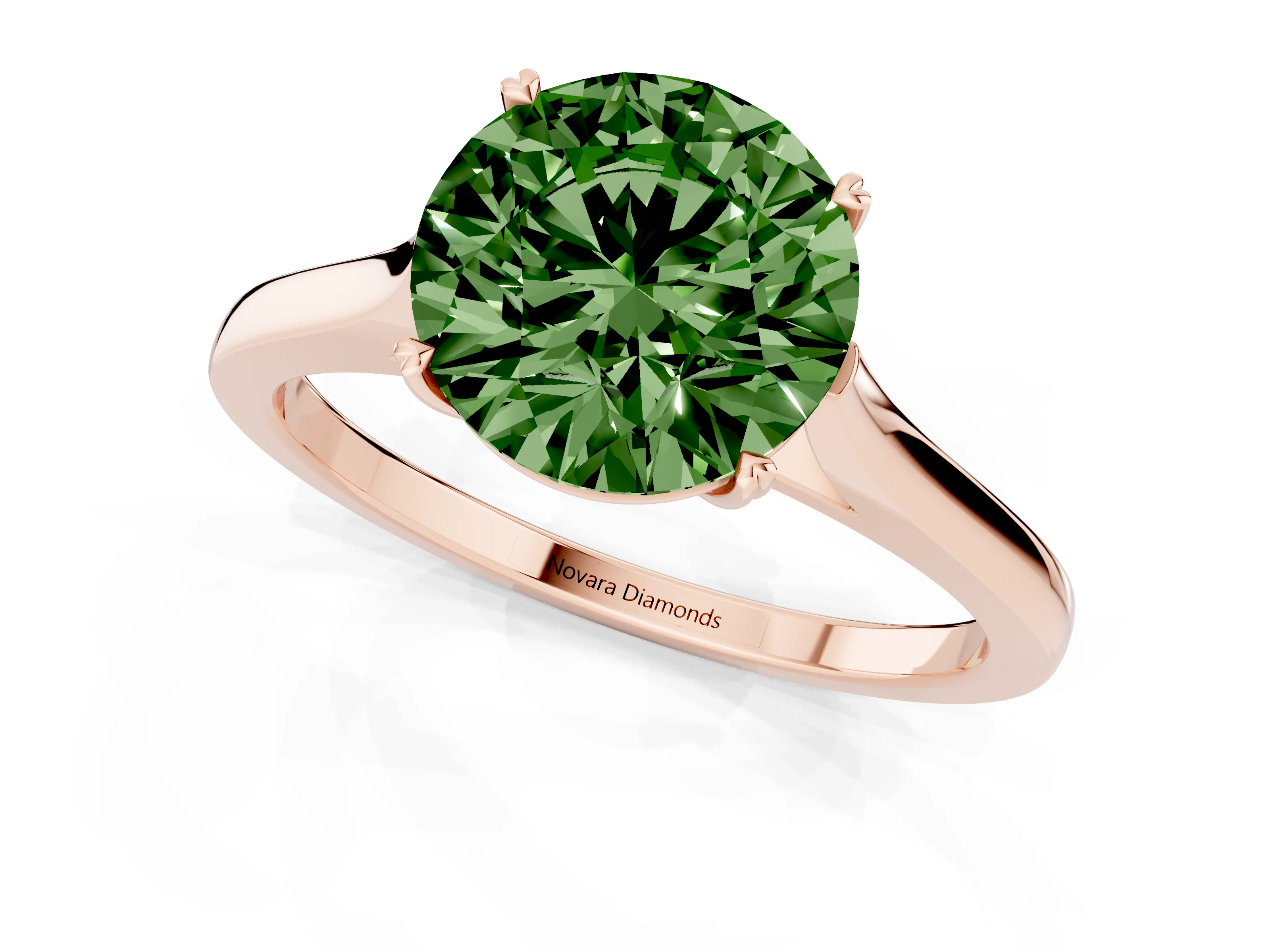 Fancy Green Round Cut Diamond Solitaire Heart Prong Engagement Ring Set in Rose gold with Tapered Band