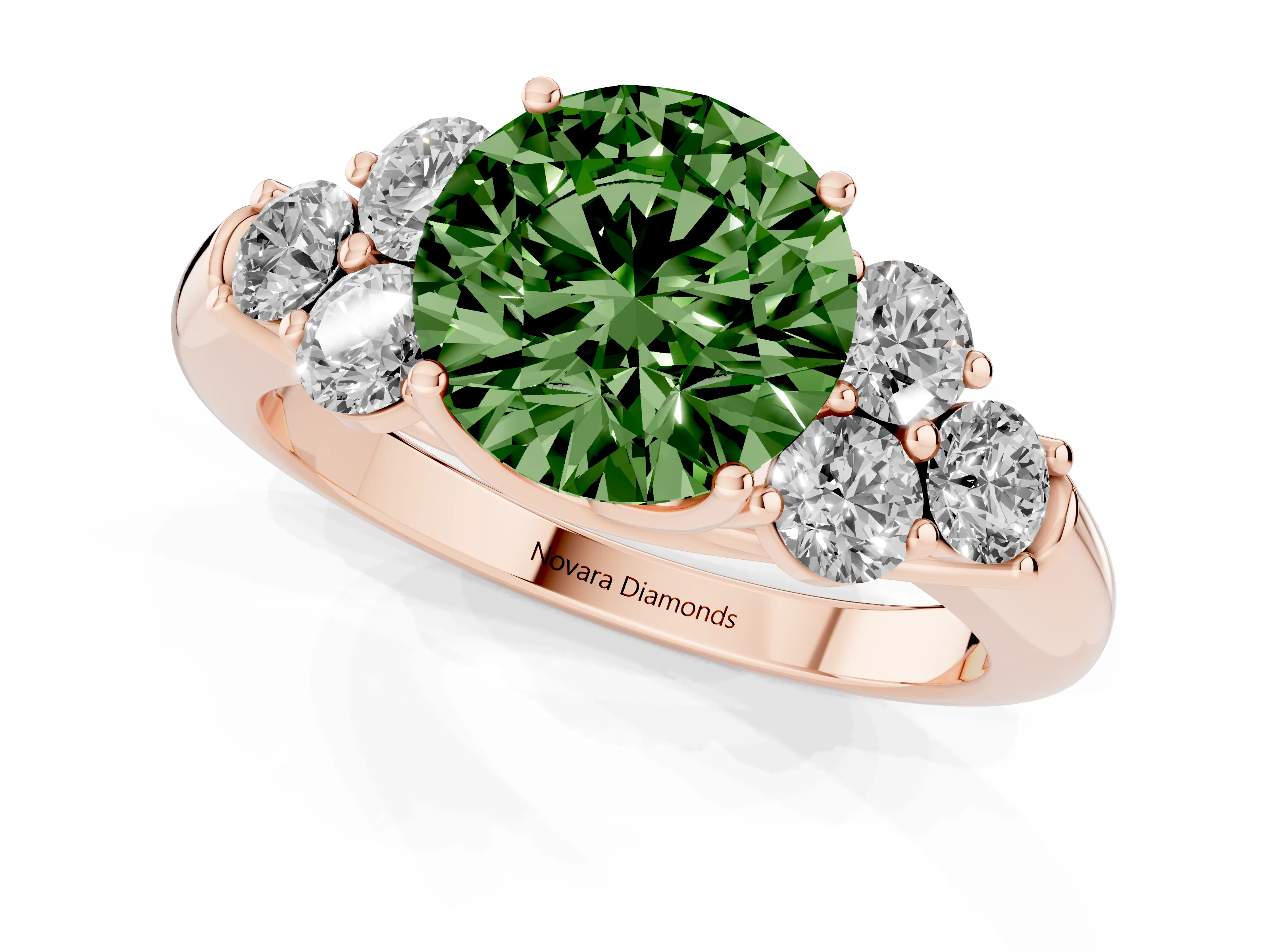 Fancy Green Round Cut Diamond Cluster Ring Set in Rose gold with Round Accent Stones and Prong Setting on a Plain Band
