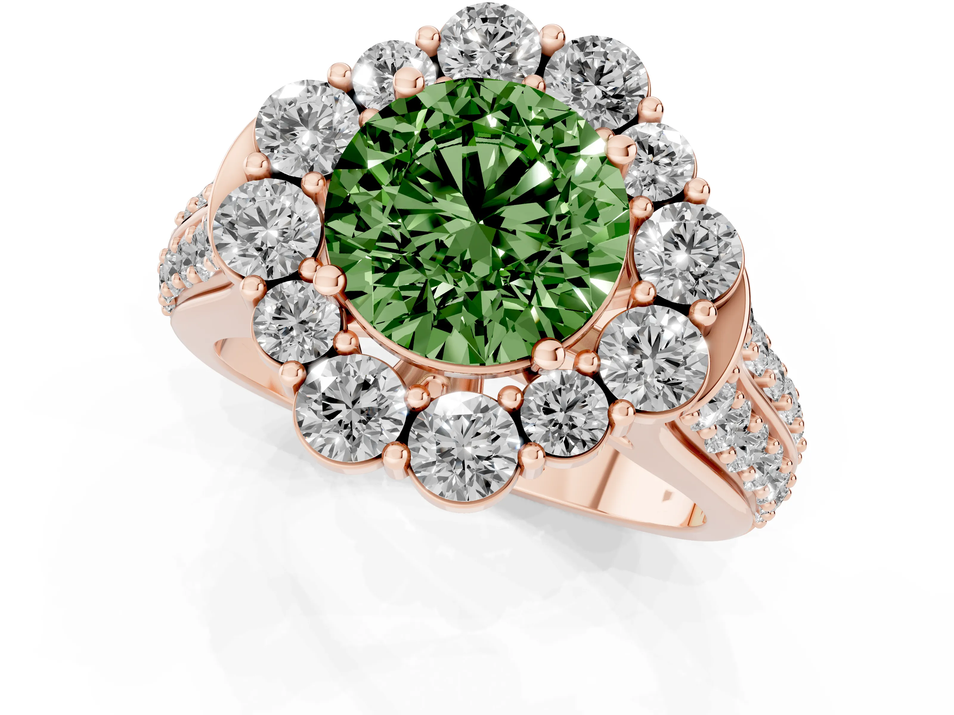 Fancy Green Round Cut Diamond Halo Engagement Ring Set in Rose gold with Split Shank and Prong Setting