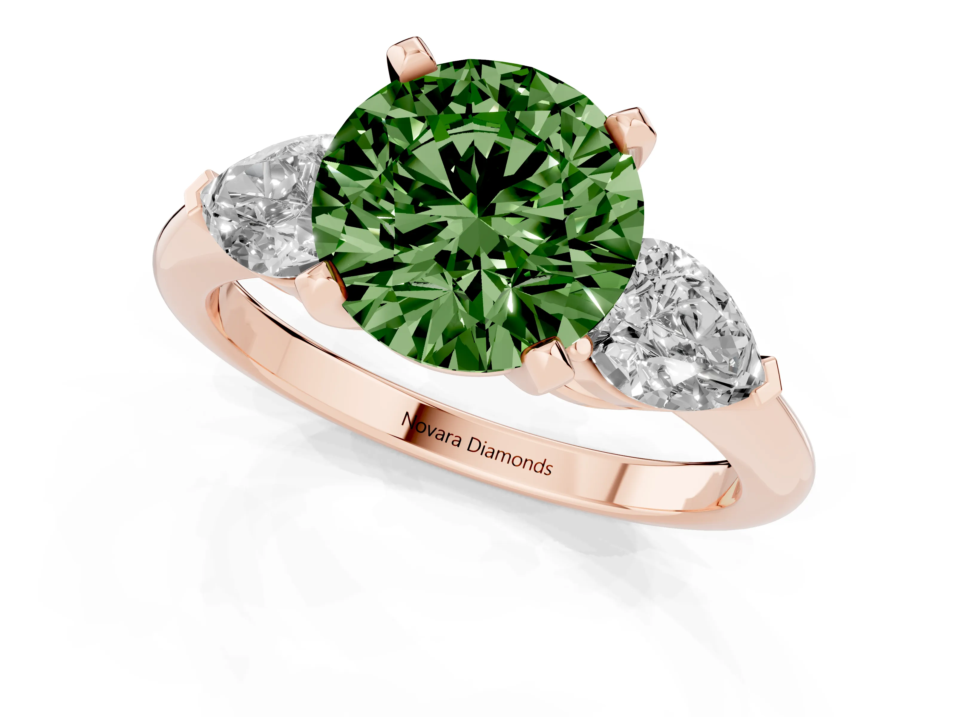Fancy Green Three-Stone Round Cut Diamond Ring Set in Rose gold with Pear Side Stones and Prong Setting