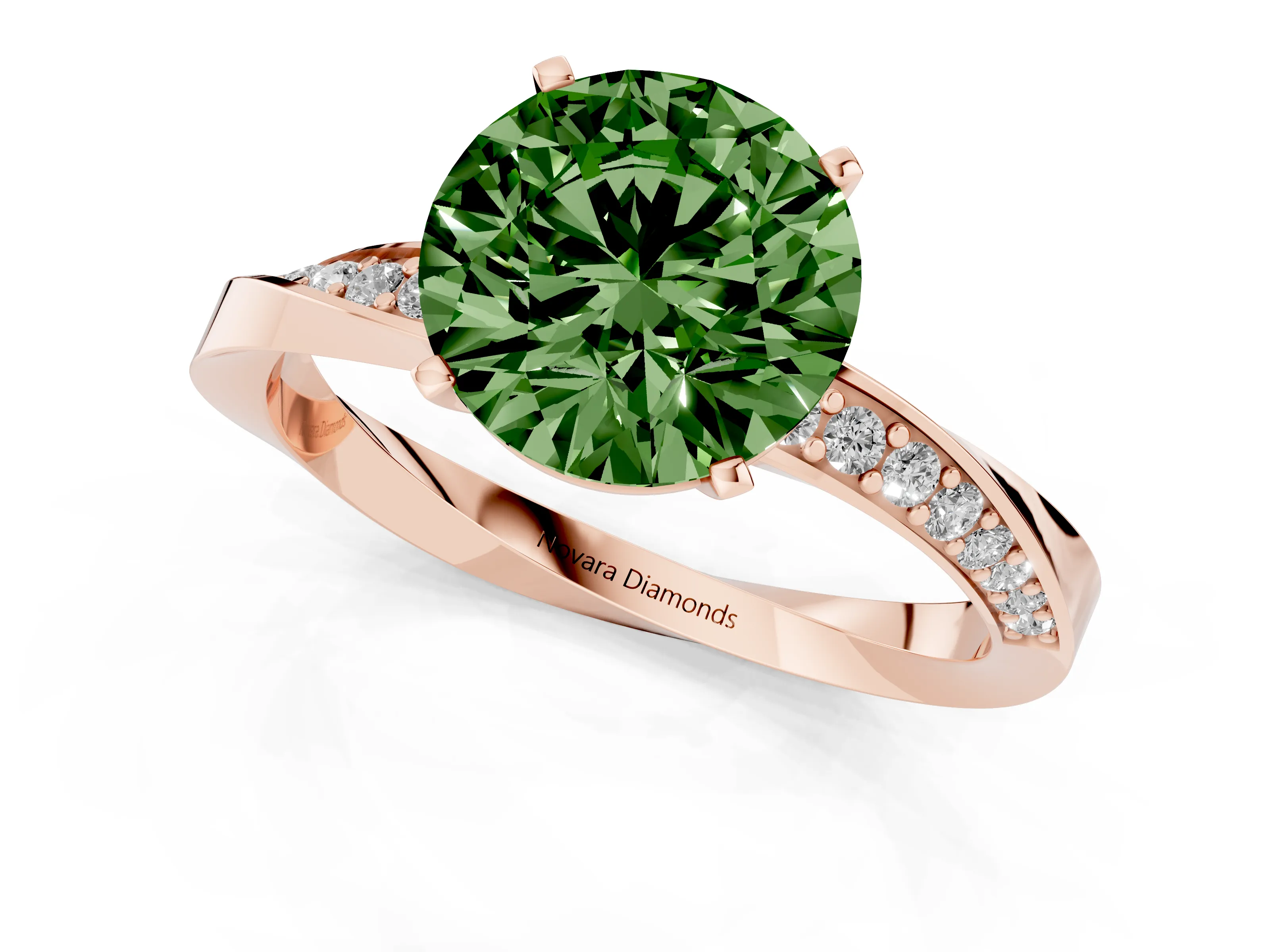 Fancy Green Round Cut Diamond Engagement Ring Set in Rose gold with Side Stone Accents and Prong Setting