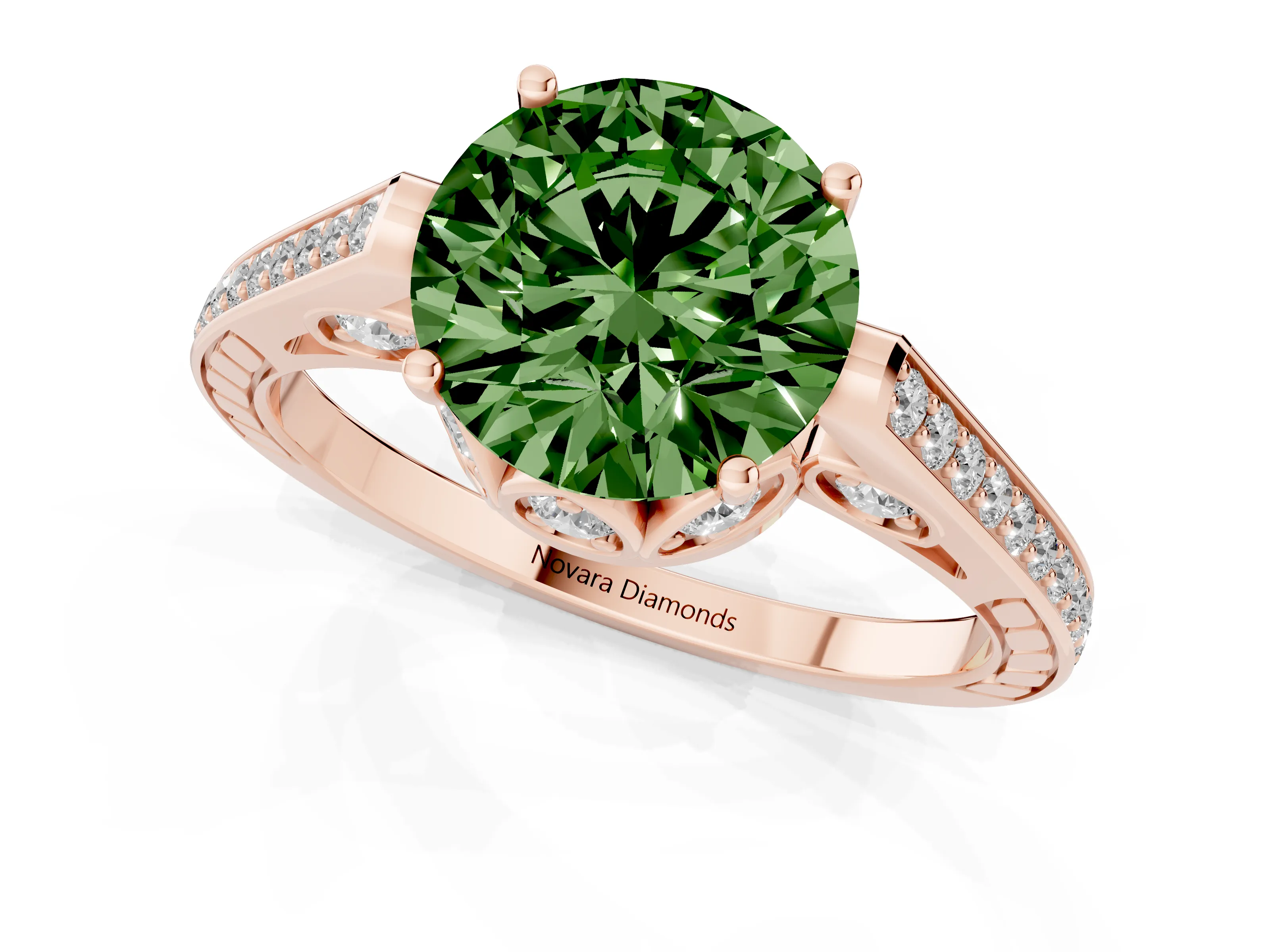 Fancy Green Round Cut Diamond Cathedral Pavé Engagement Ring Set in Rose gold with Prong Setting