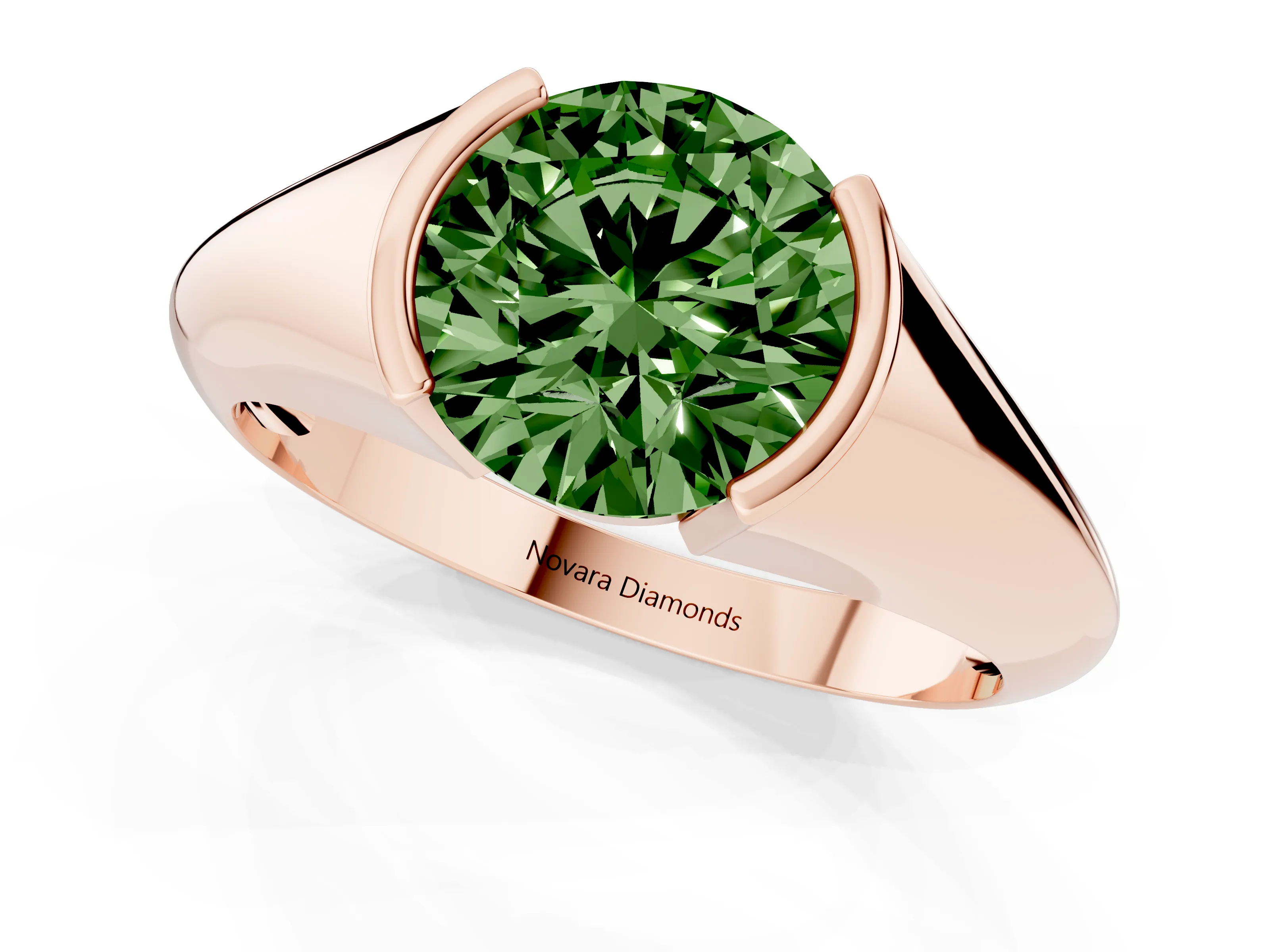 Fancy Green Round Cut Diamond Solitaire Tension Set Ring Set in Rose gold