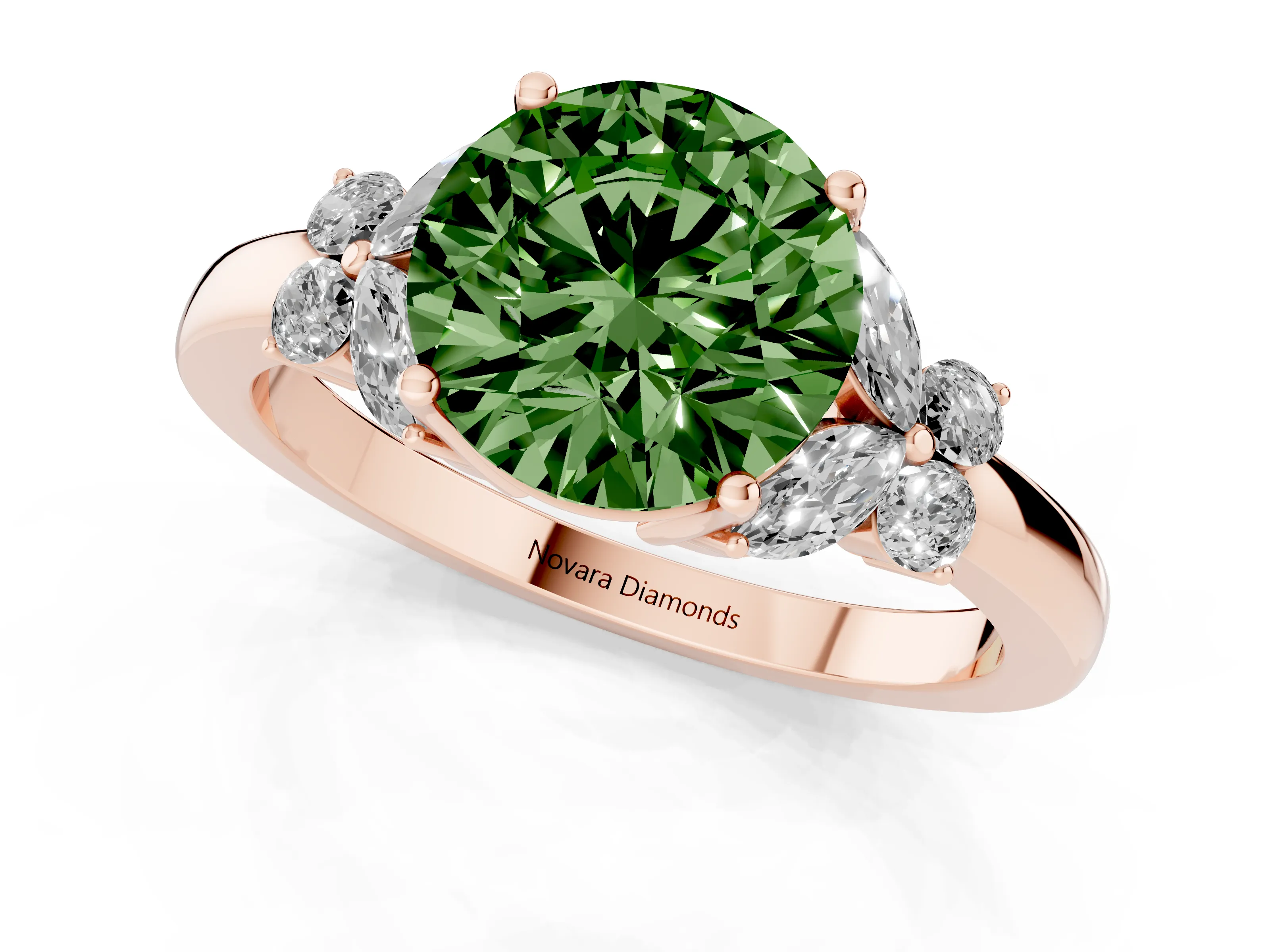 Fancy Green Round Cut Diamond Solitaire Floral Ring Set in Rose gold with Marquise Petals and Prong Setting