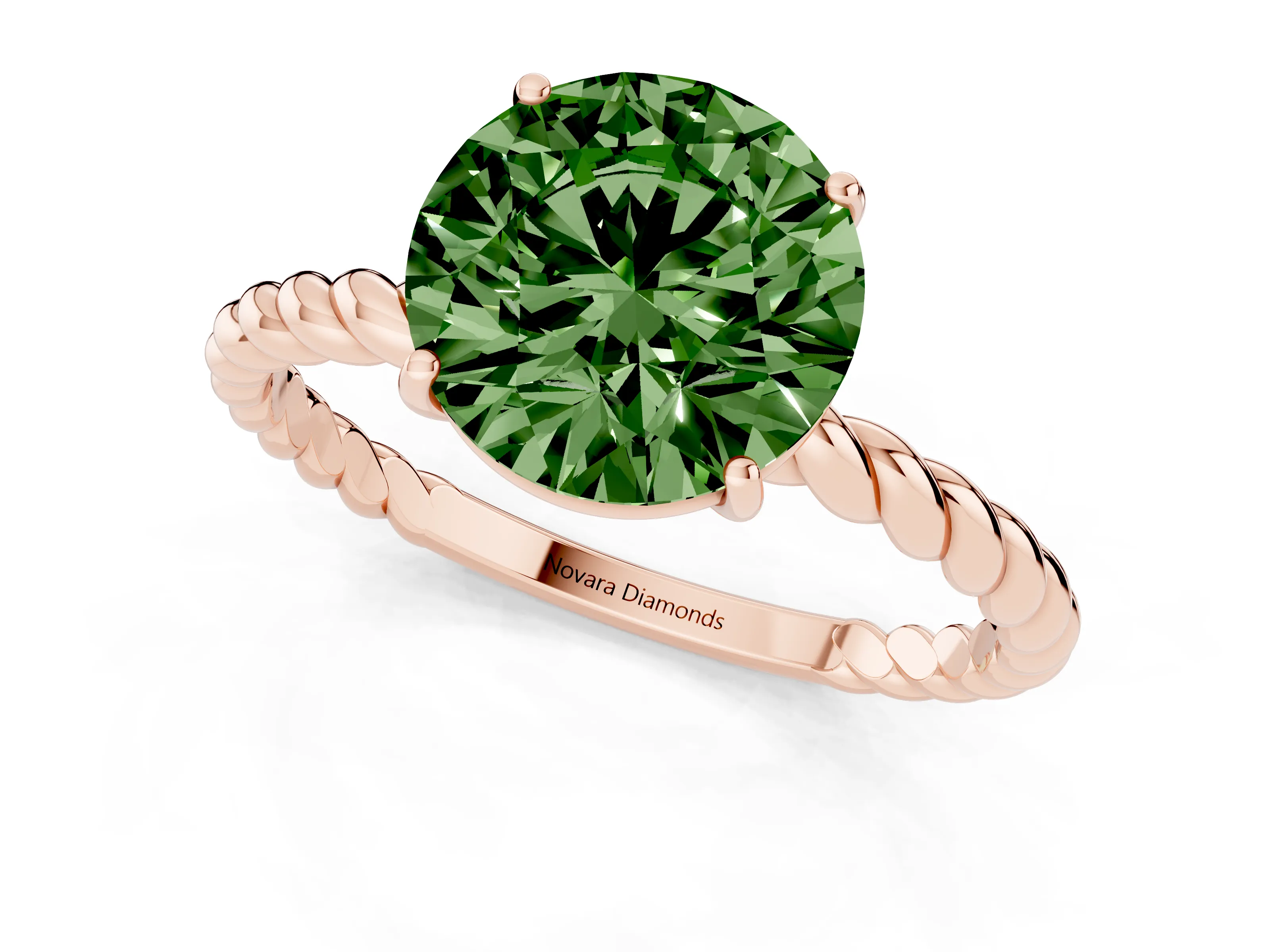 Fancy Green Round Cut Diamond Solitaire Ring Set in Rose gold with Twist Band and Prong Setting