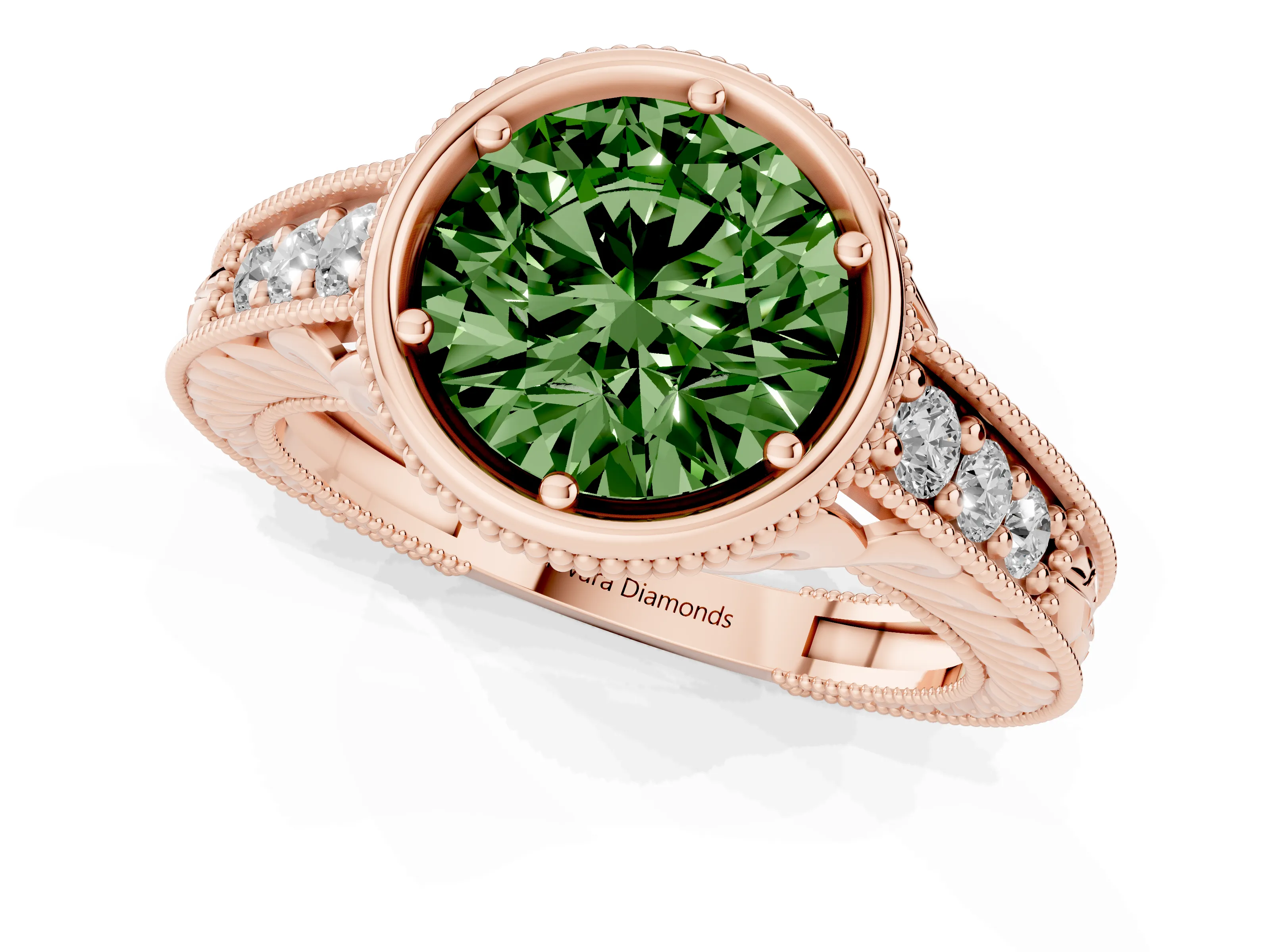 Fancy Green Bezel Set Round Cut Diamond Milgrain Pavé Engagement Ring Set in Rose gold