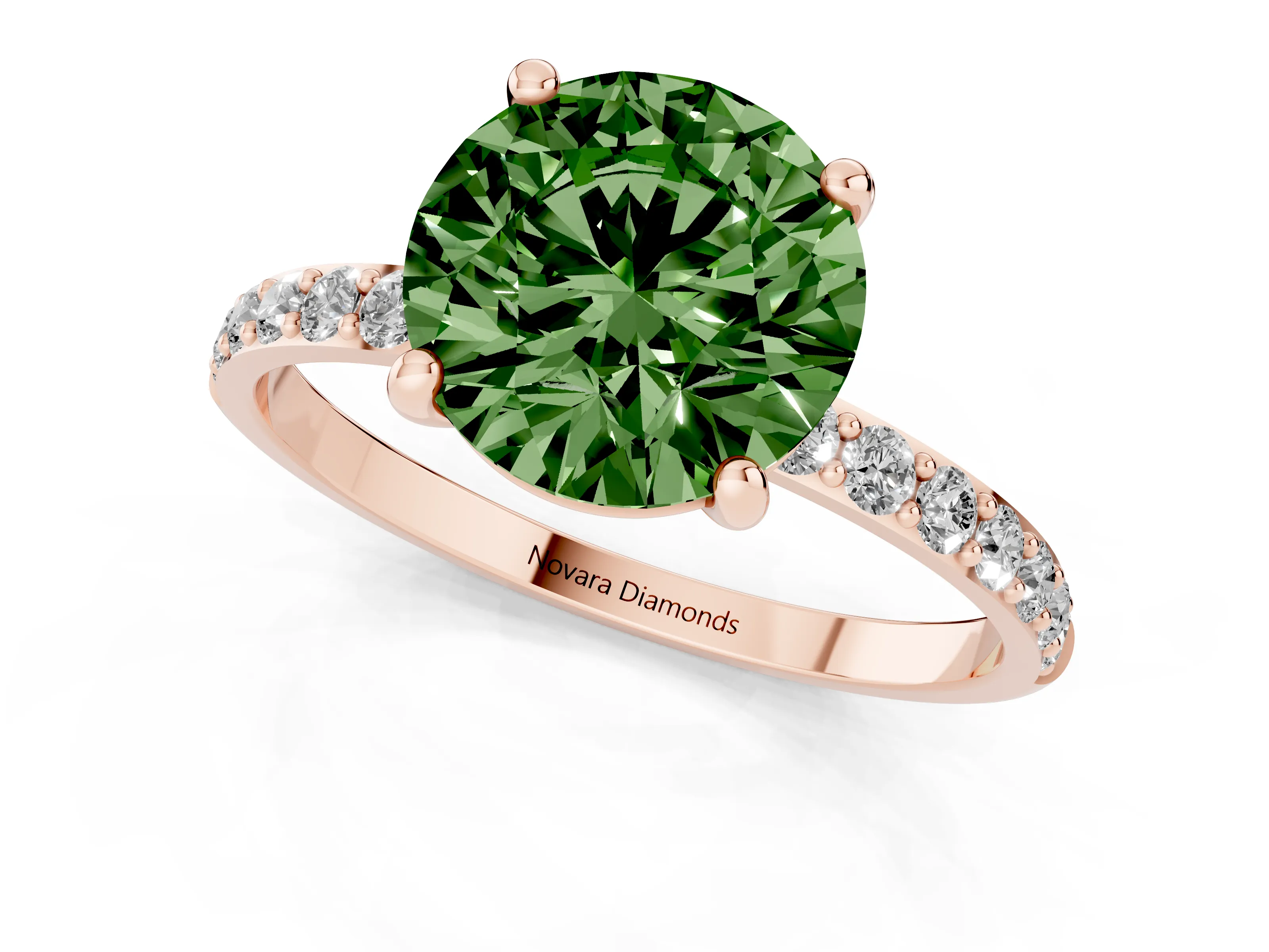 Fancy Green Round Cut Diamond Solitaire Ring Set in Rose gold with Round Pavé Band and Prong Setting