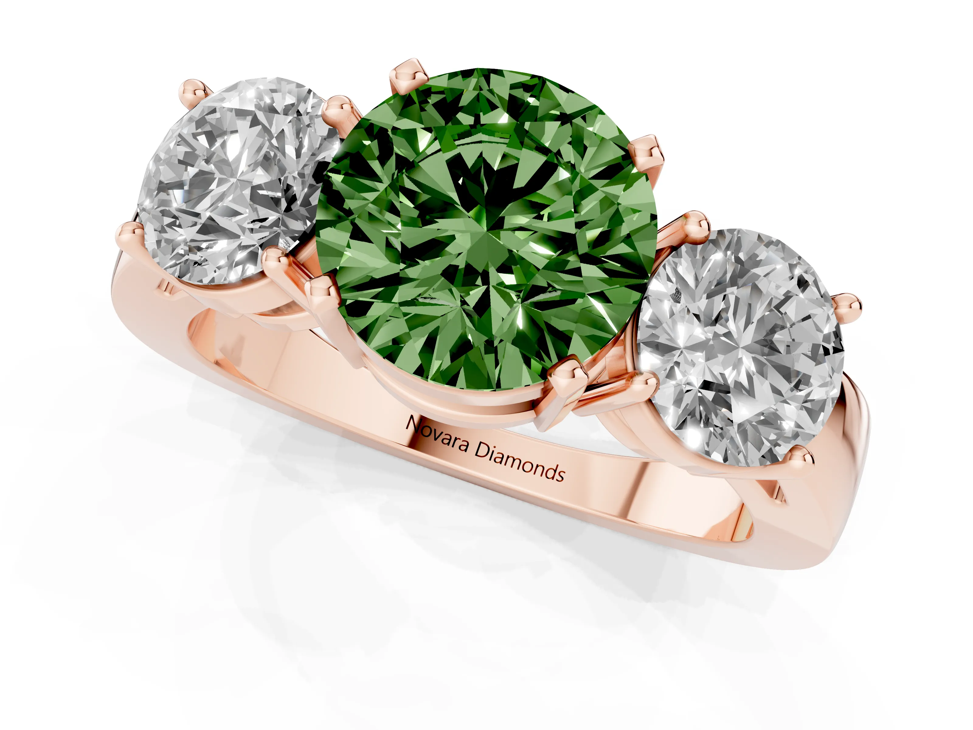 Fancy Green Round Cut Diamond Three-Stone Ring Set in Rose gold with Round Side Stones and Classic Band