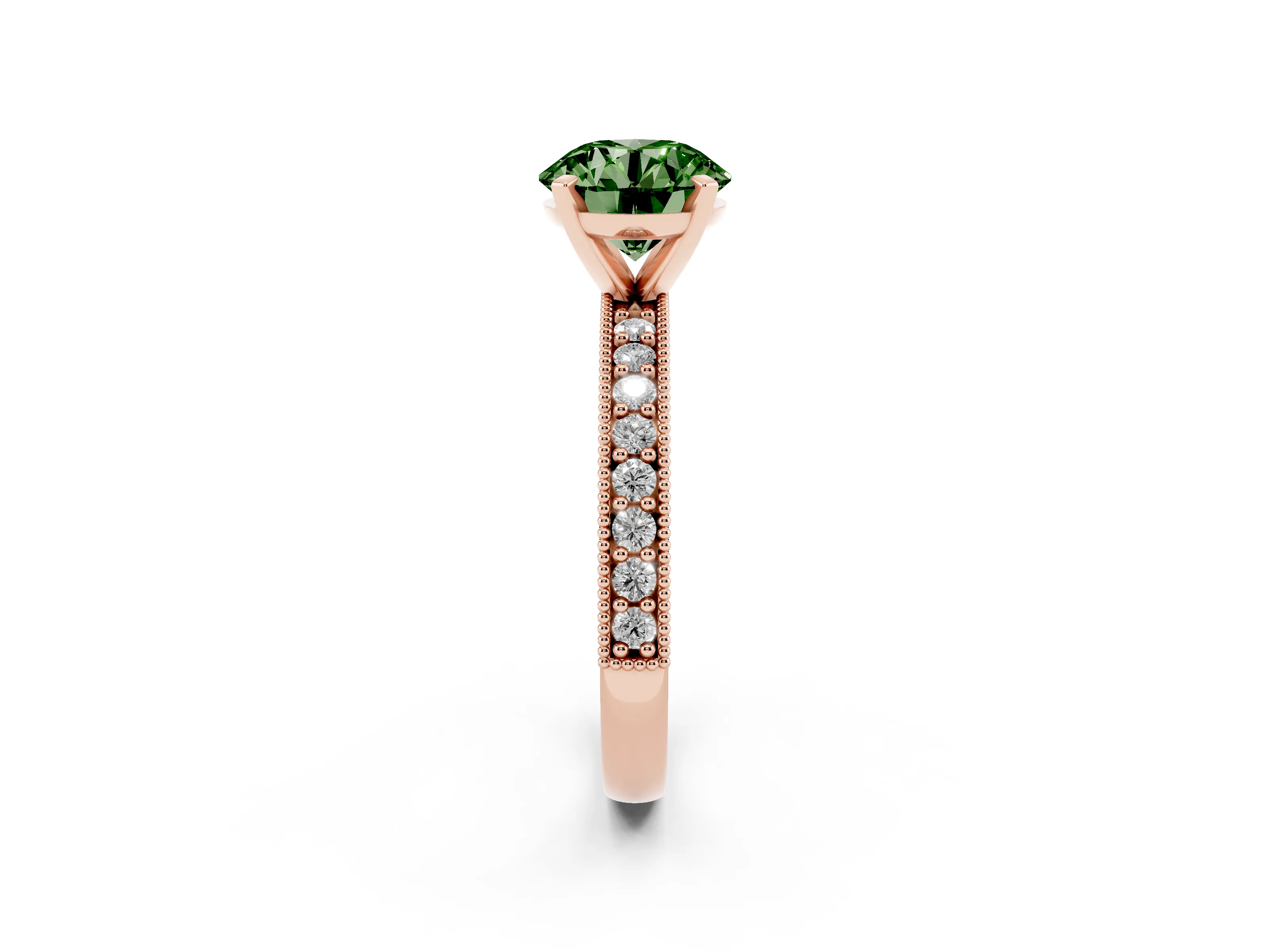 Fancy Green Round Cut Diamond Milgrain Pavé Engagement Ring Set in Rose gold with Prong Setting