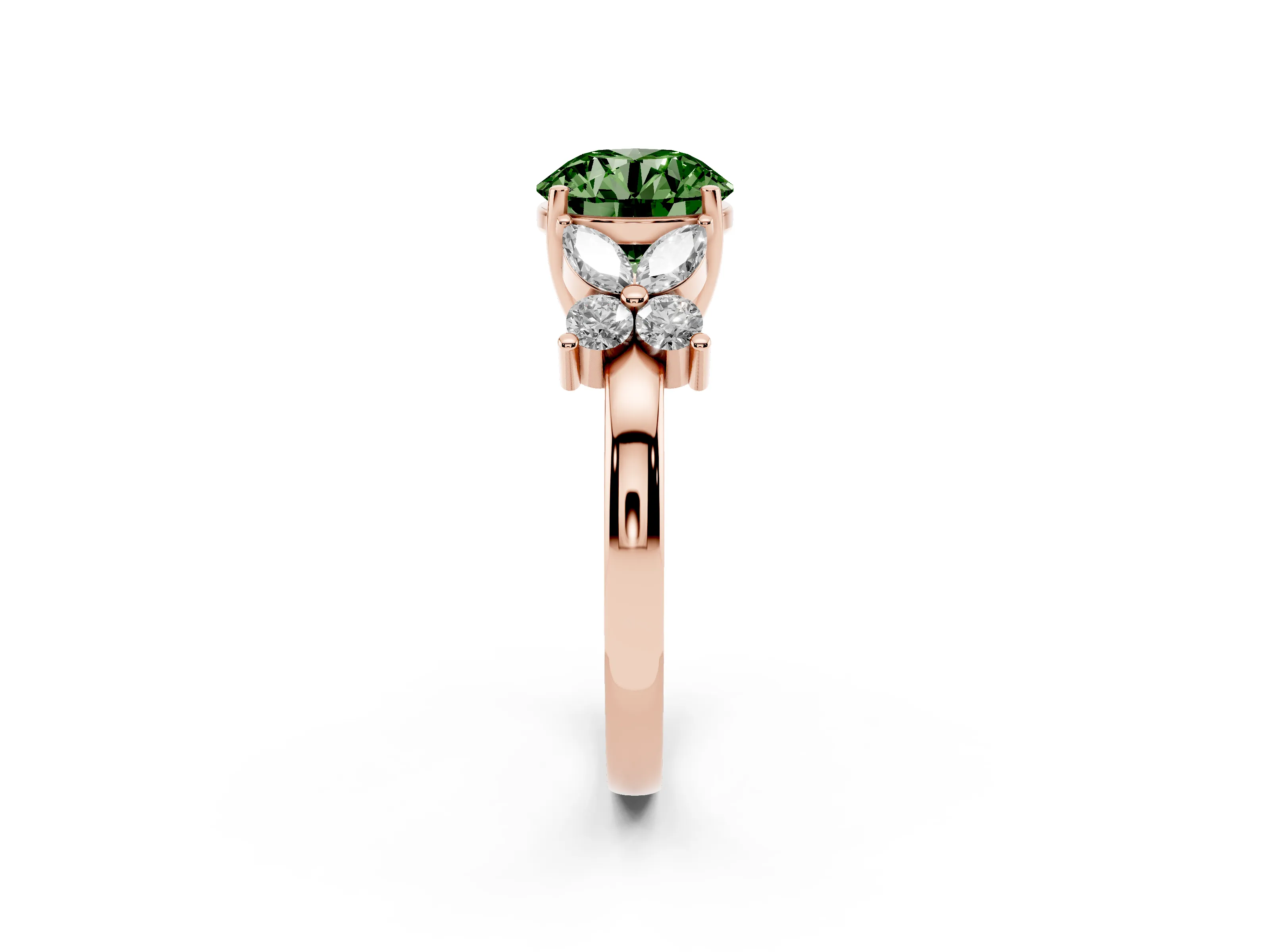 Fancy Green Round Cut Diamond Floral Cluster Ring Set in Rose gold with Marquise Petals and Prong Setting