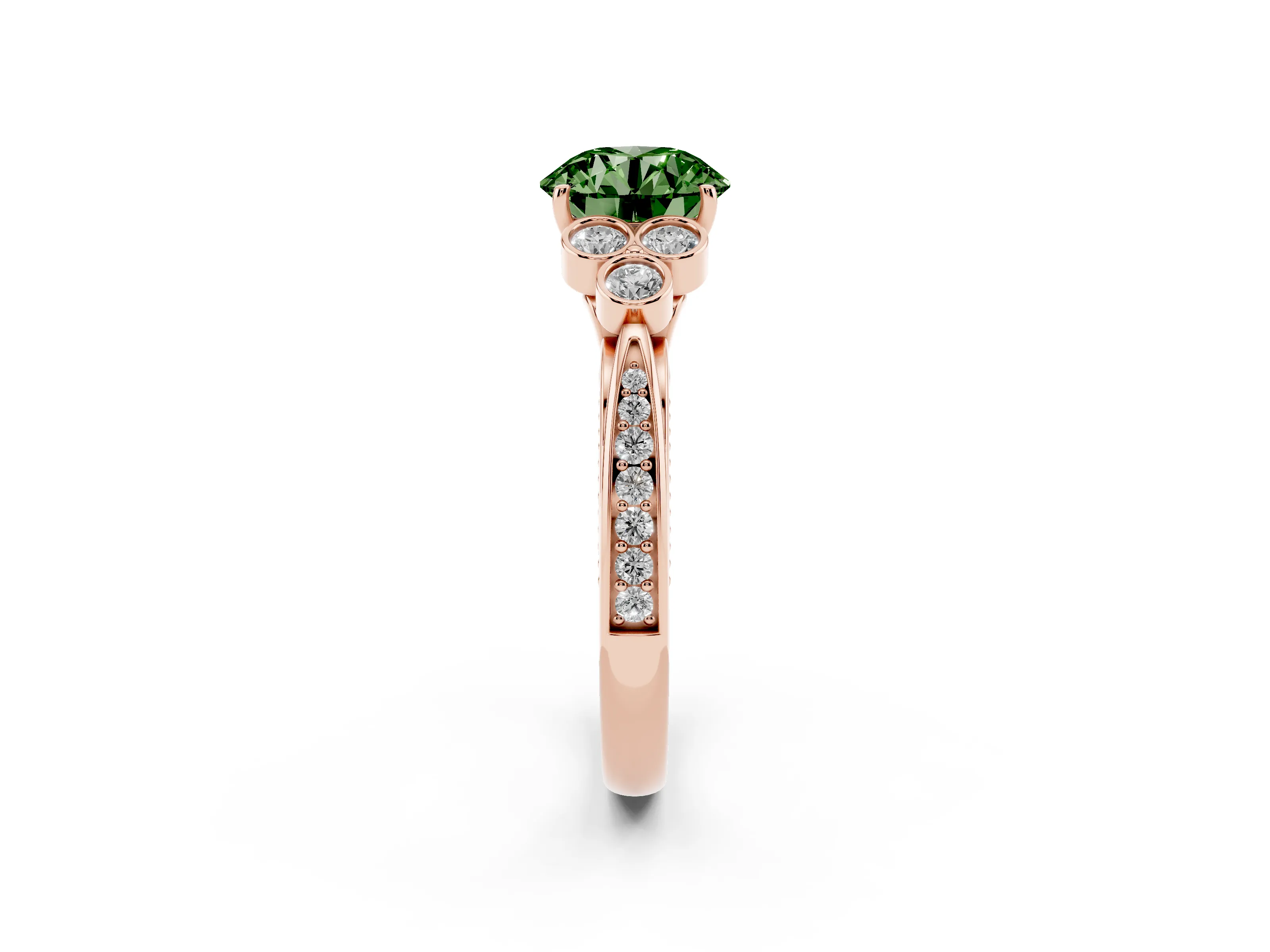 Fancy Green Round Cut Diamond Engagement Ring Set in Rose gold with Bezel Set Round Side Stones and Prong Setting