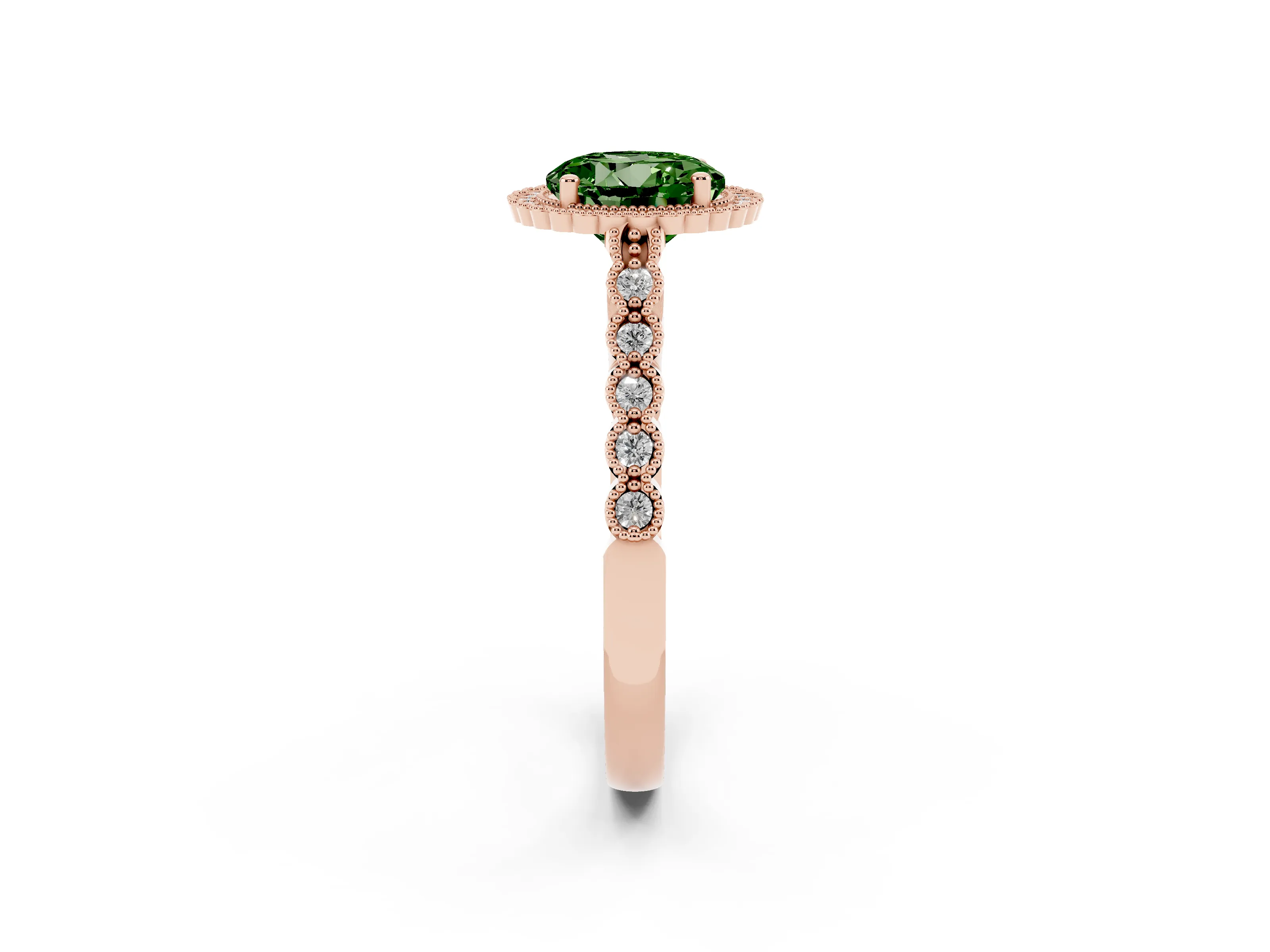 Fancy Green Round Cut Diamond Halo Ring Set in Rose gold with Pavé Milgrain Band
