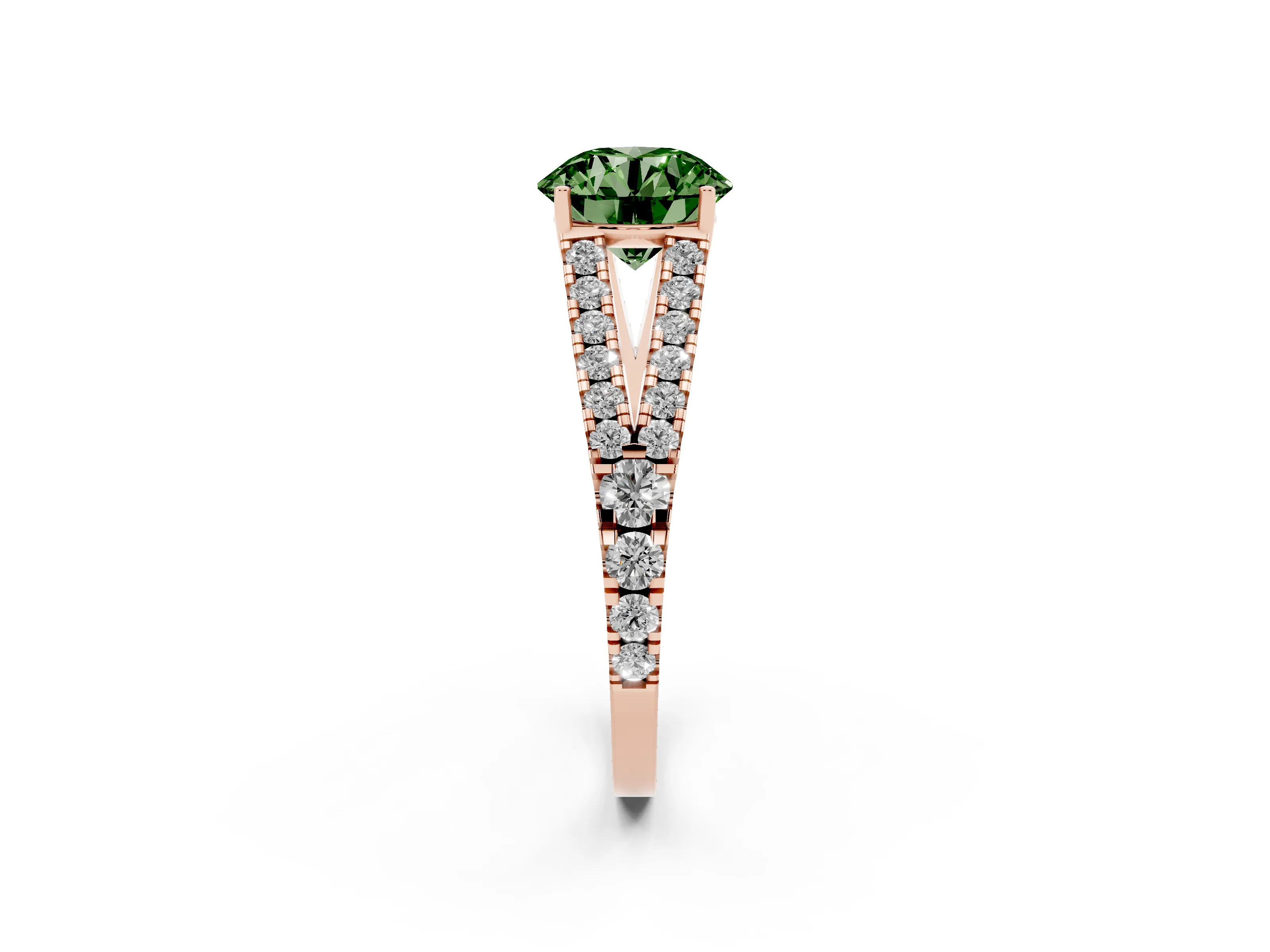 Fancy Green Round Cut Diamond Split Shank Pavé Engagement Ring Set in Rose gold with Prong-Held Center Stone