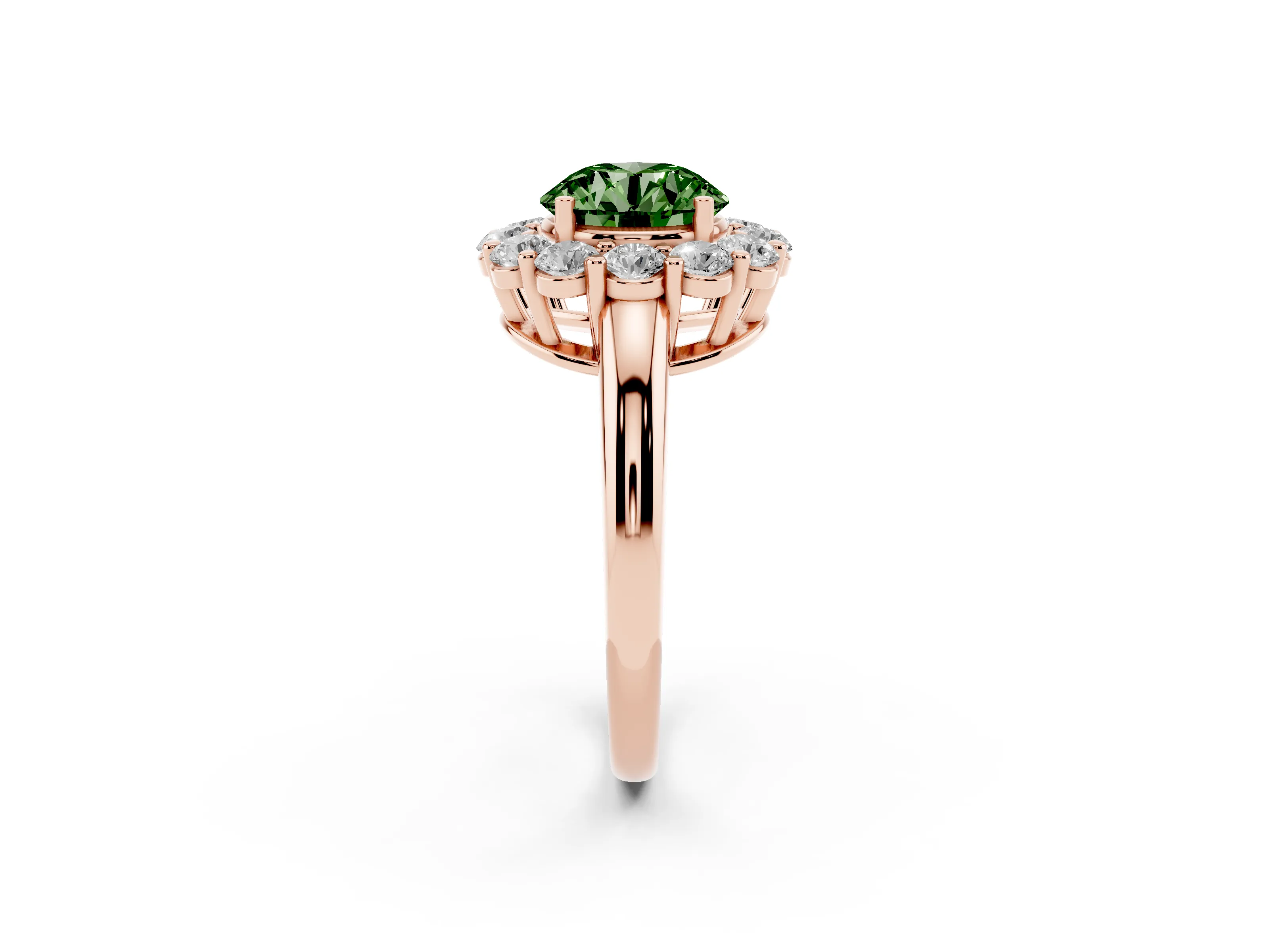 Fancy Green Round Cut Diamond Halo Cluster Engagement Ring Set in Rose gold with Polished Band and Prong Setting