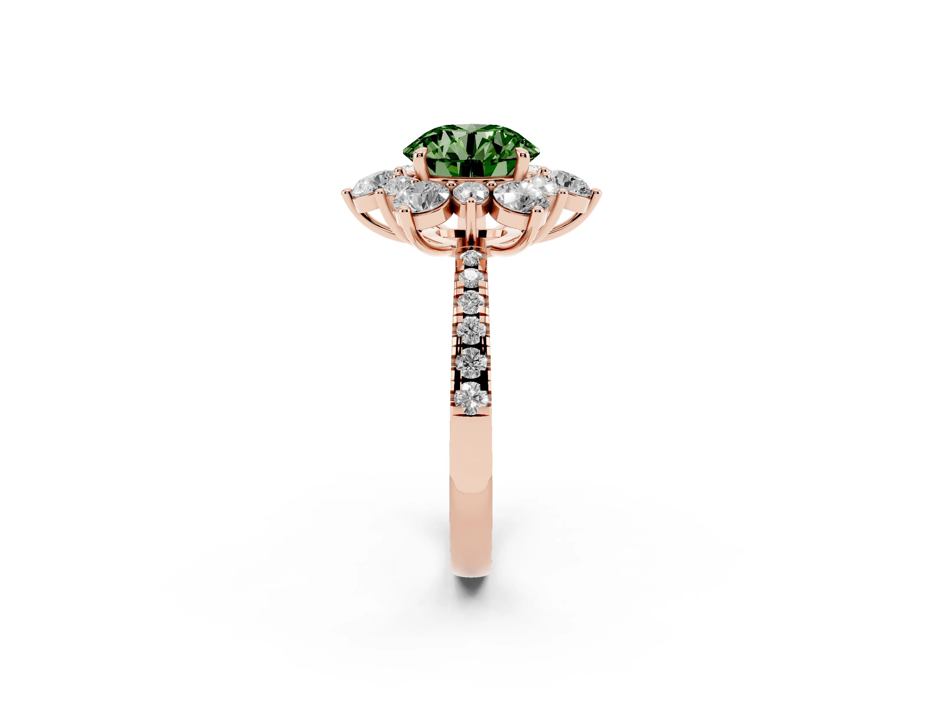 Fancy Green Round Cut Diamond Floral Halo Ring Set in Rose gold with Round Pavé Band and Prong Setting