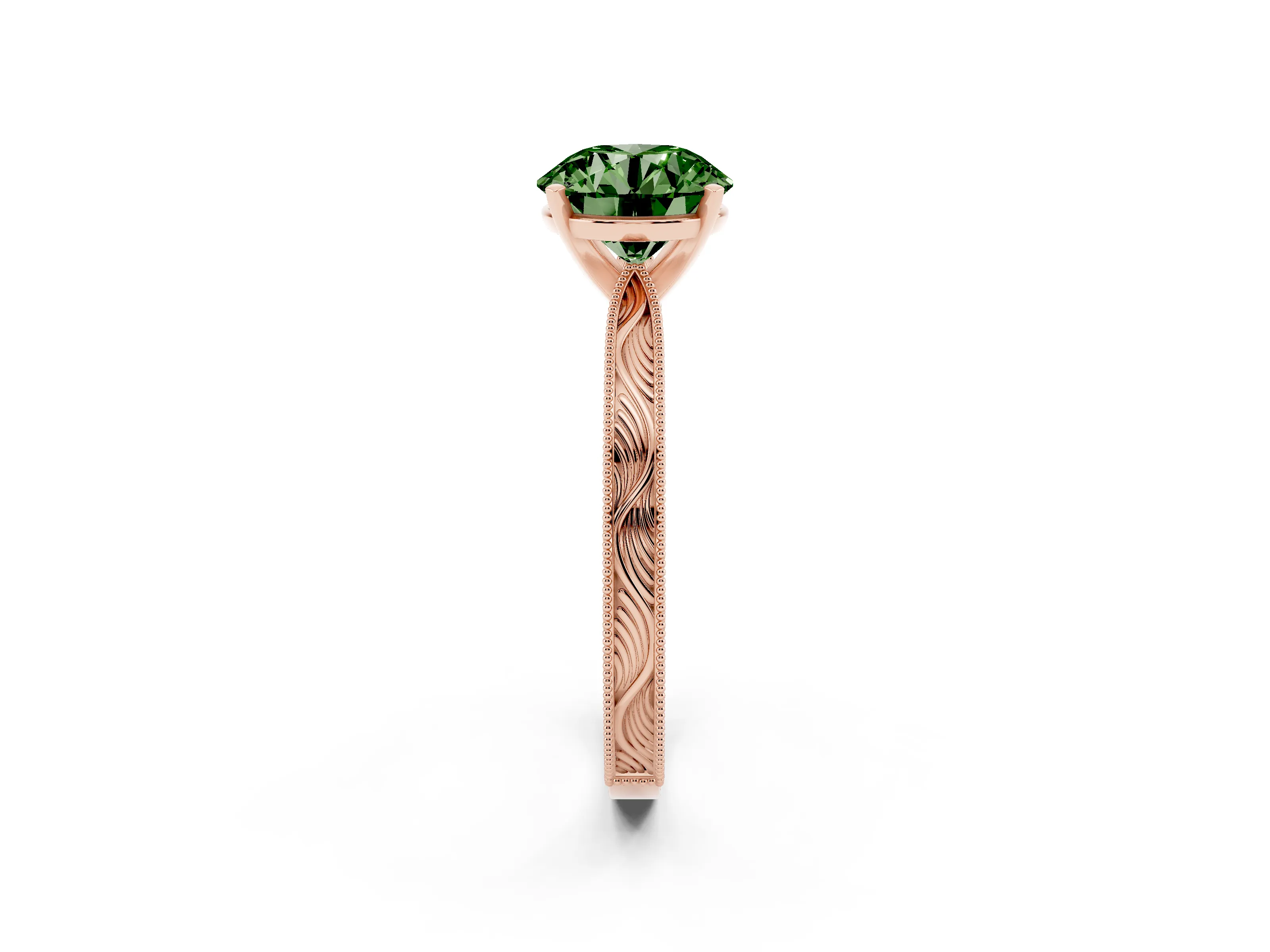 Fancy Green Round Cut Diamond Solitaire Milgrain Engraved Band Set in Rose gold with Prong Setting