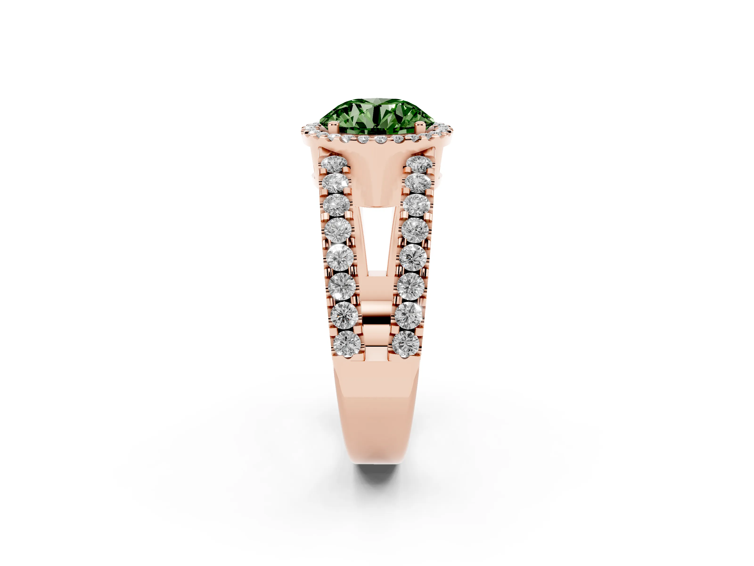 Fancy Green Round Cut Diamond Halo Ring Set in Rose gold with Pavé Split Shank and Prong Setting
