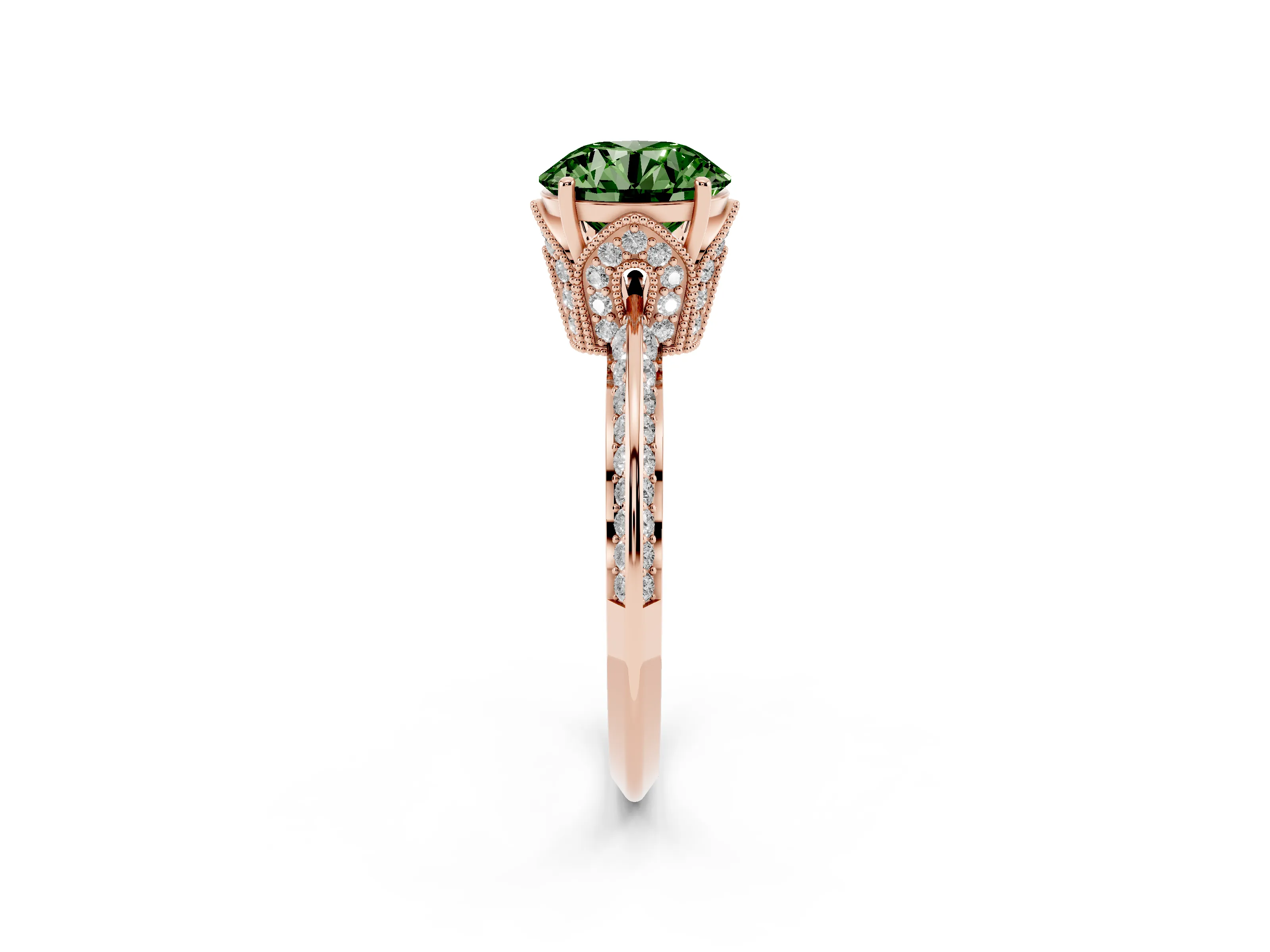 Fancy Green Round Cut Diamond Solitaire Engagement Ring Set in Rose gold with Pavé Split Shank and Prong Setting
