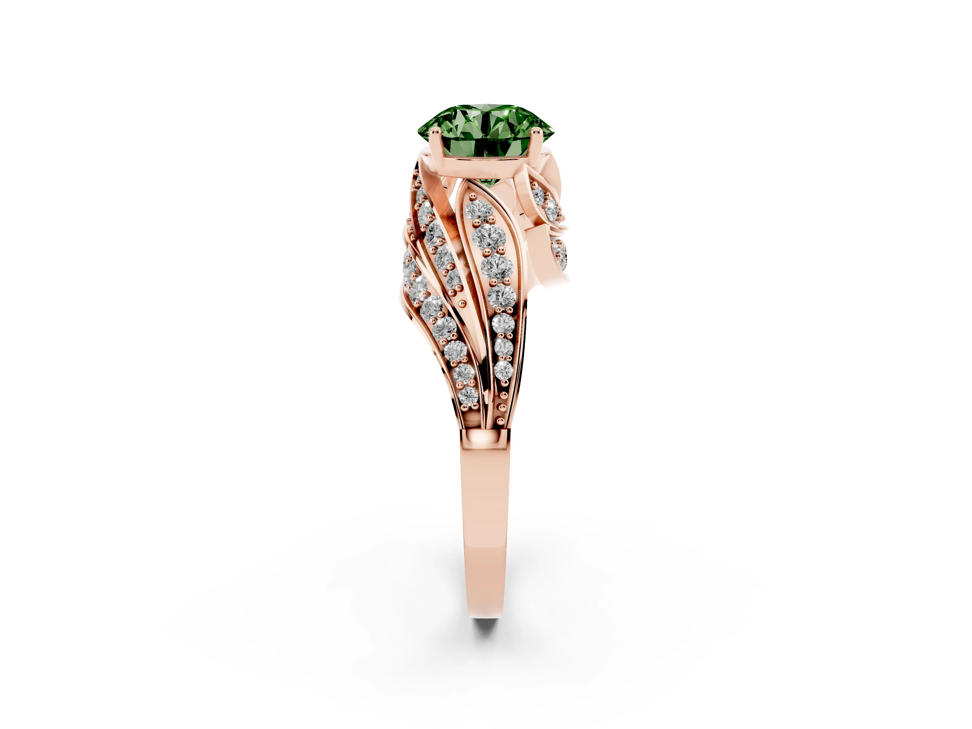 Fancy Green Round Cut Diamond Solitaire Ring Set in Rose gold with Layered Twist Pavé Band