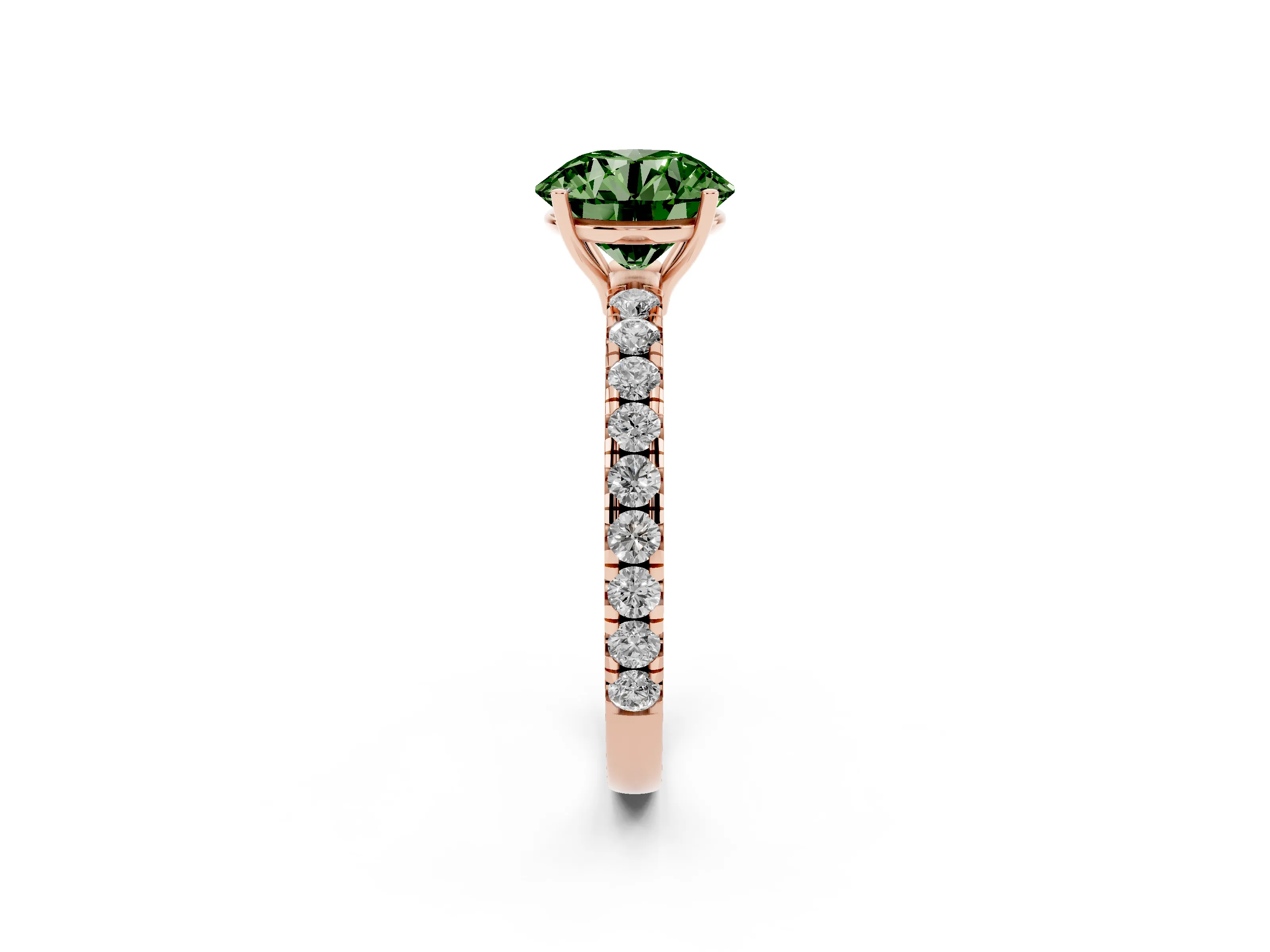 Fancy Green Round Cut Diamond Pavé Solitaire Engagement Ring Set in Rose gold with Prong Setting