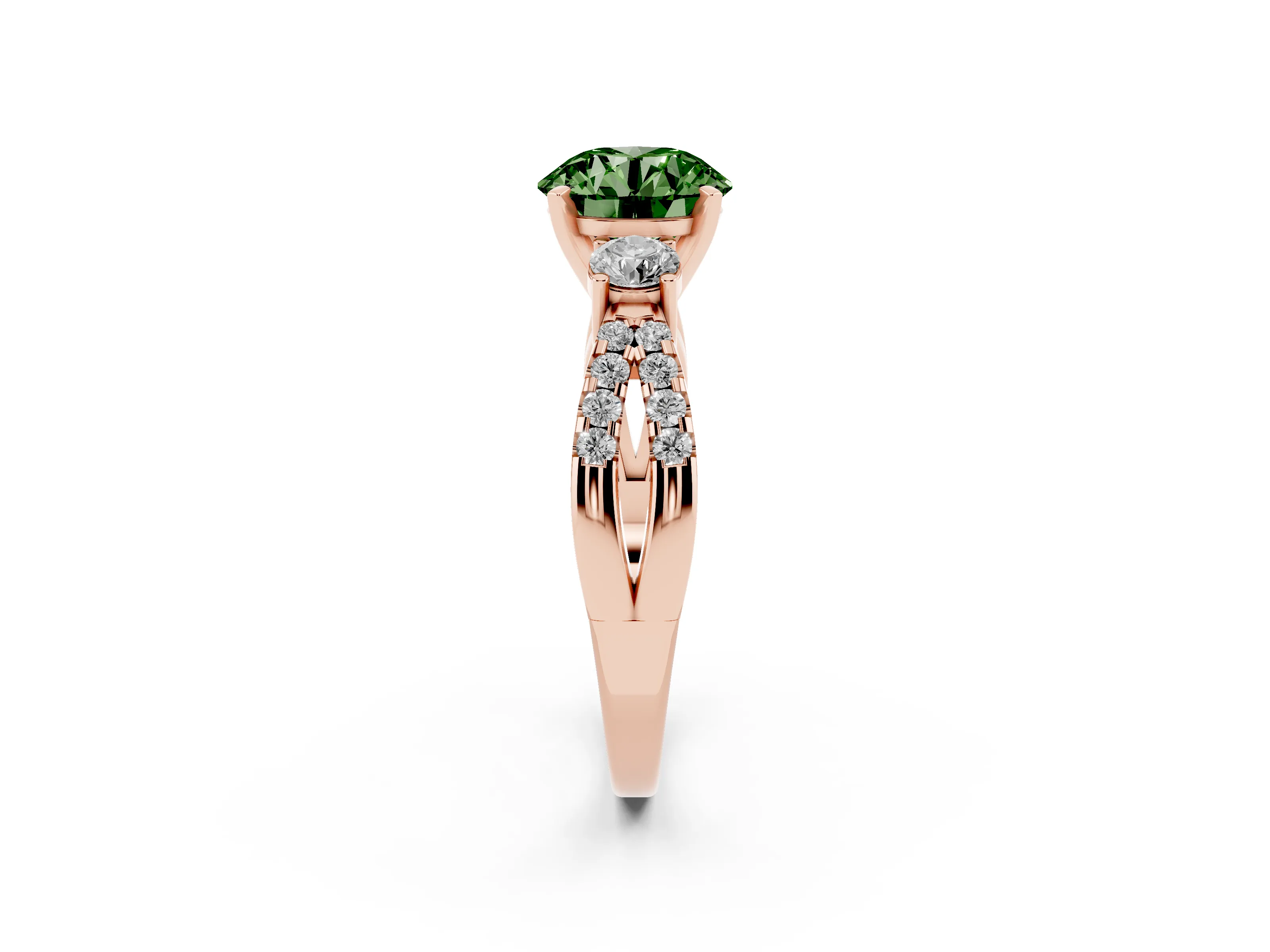 Fancy Green Round Cut Diamond Three-Stone Ring Set in Rose gold with Pavé Split Shank and Prong Setting