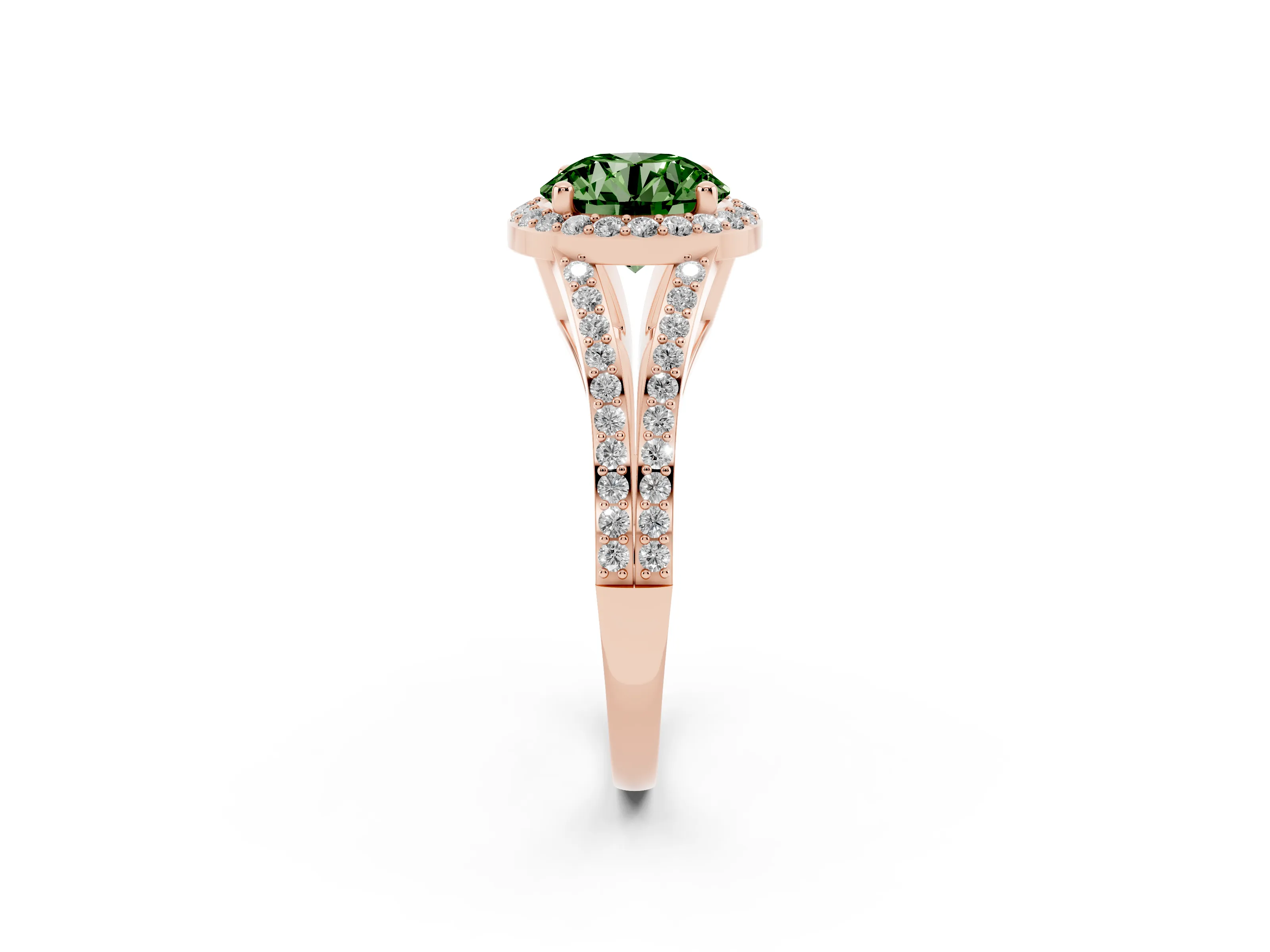 Fancy Green Round Cut Diamond Halo Split Shank Pavé Ring Set in Rose gold with Prong Setting