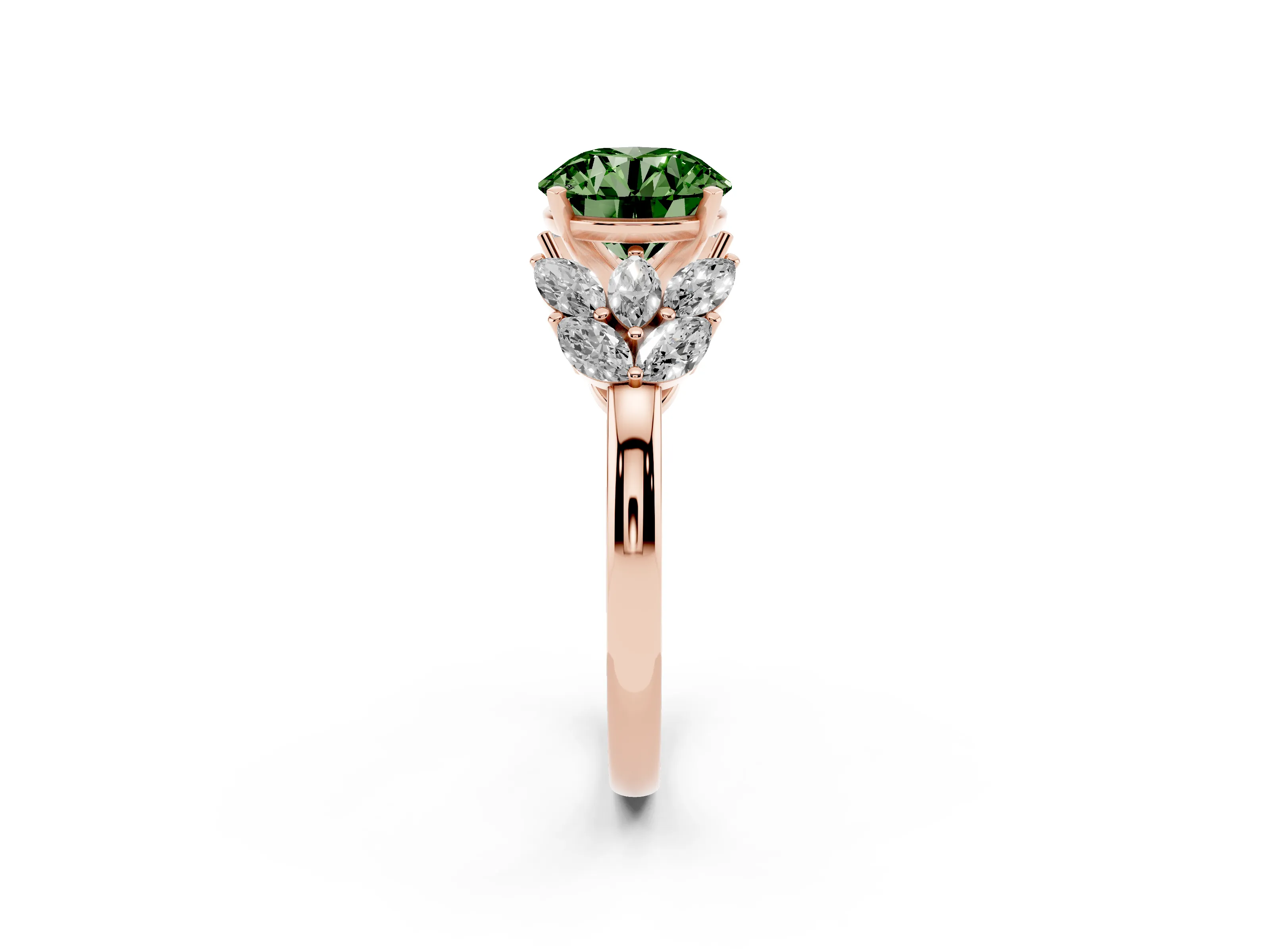 Fancy Green Round Cut Diamond Cluster Leaf Design Ring Set in Rose gold with Prong Setting