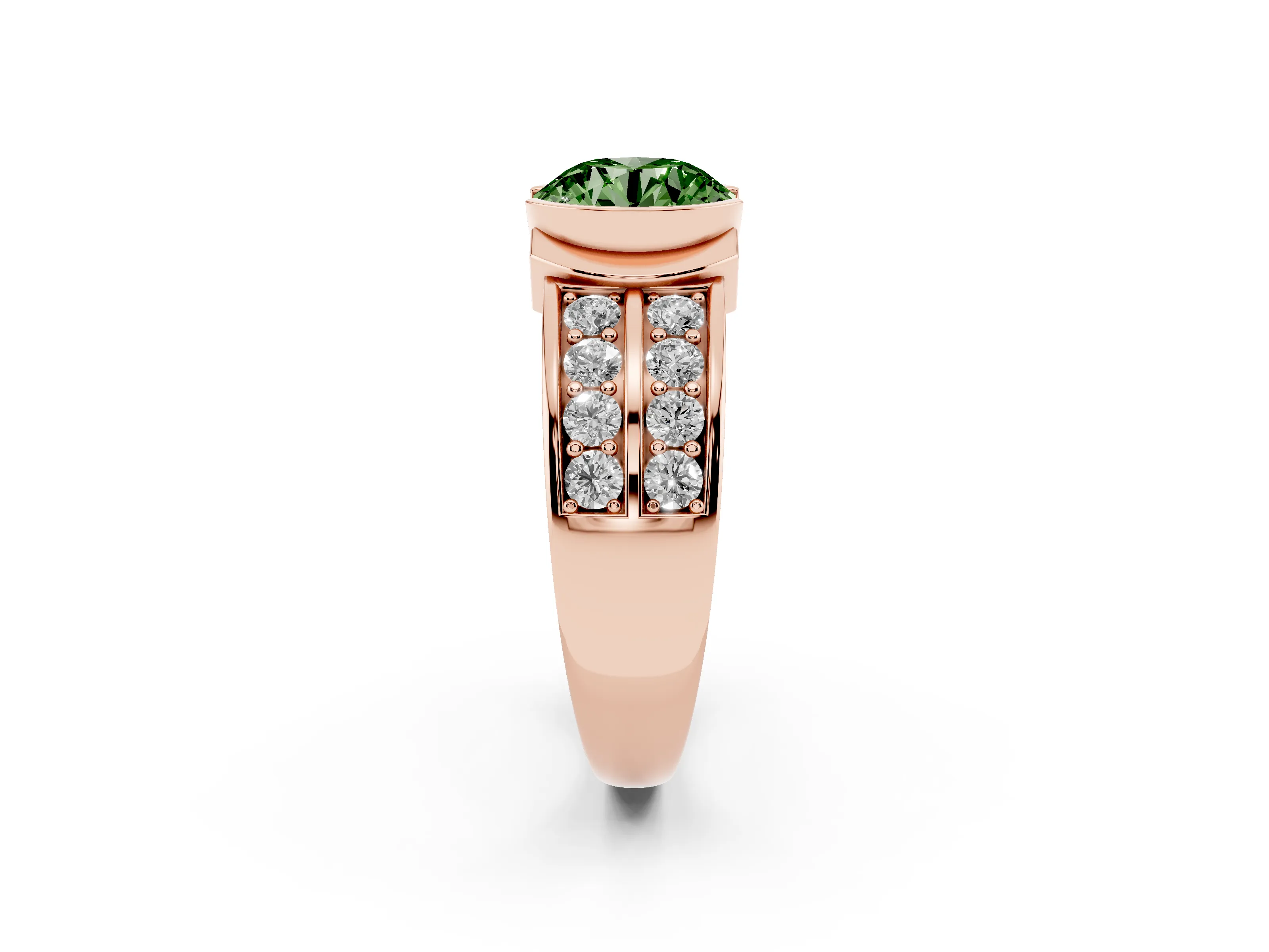 Fancy Green Round Cut Diamond Wide Channel Set Band Ring Set in Rose gold with Bezel Setting