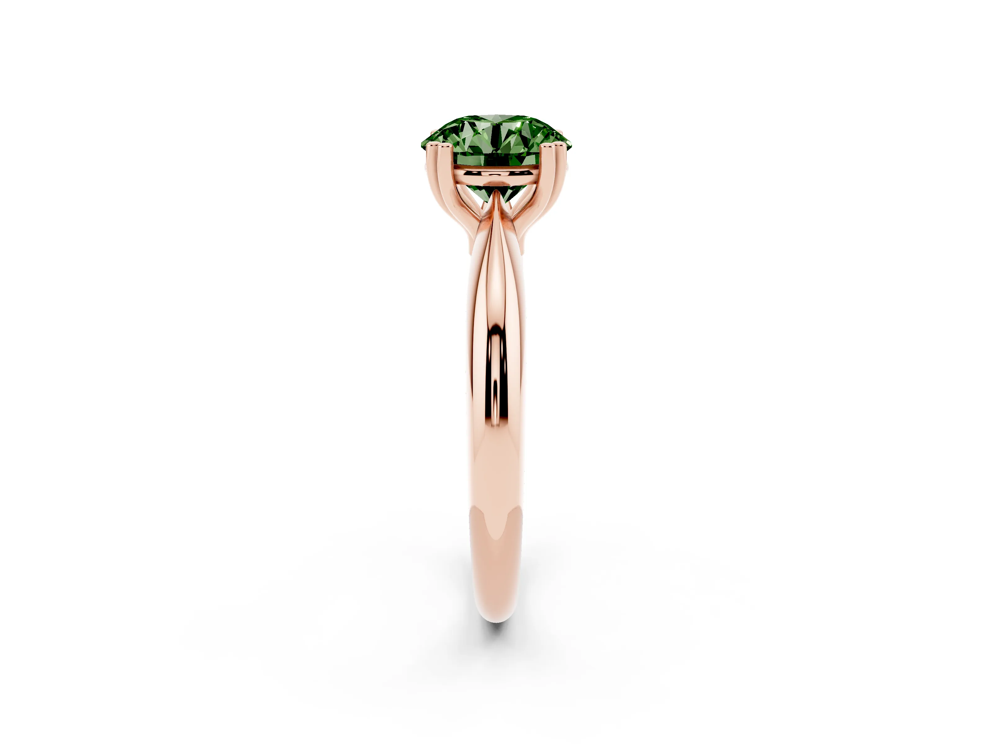 Fancy Green Round Cut Diamond Solitaire Engagement Ring Set in Rose gold with Tapered Band and Prong Setting