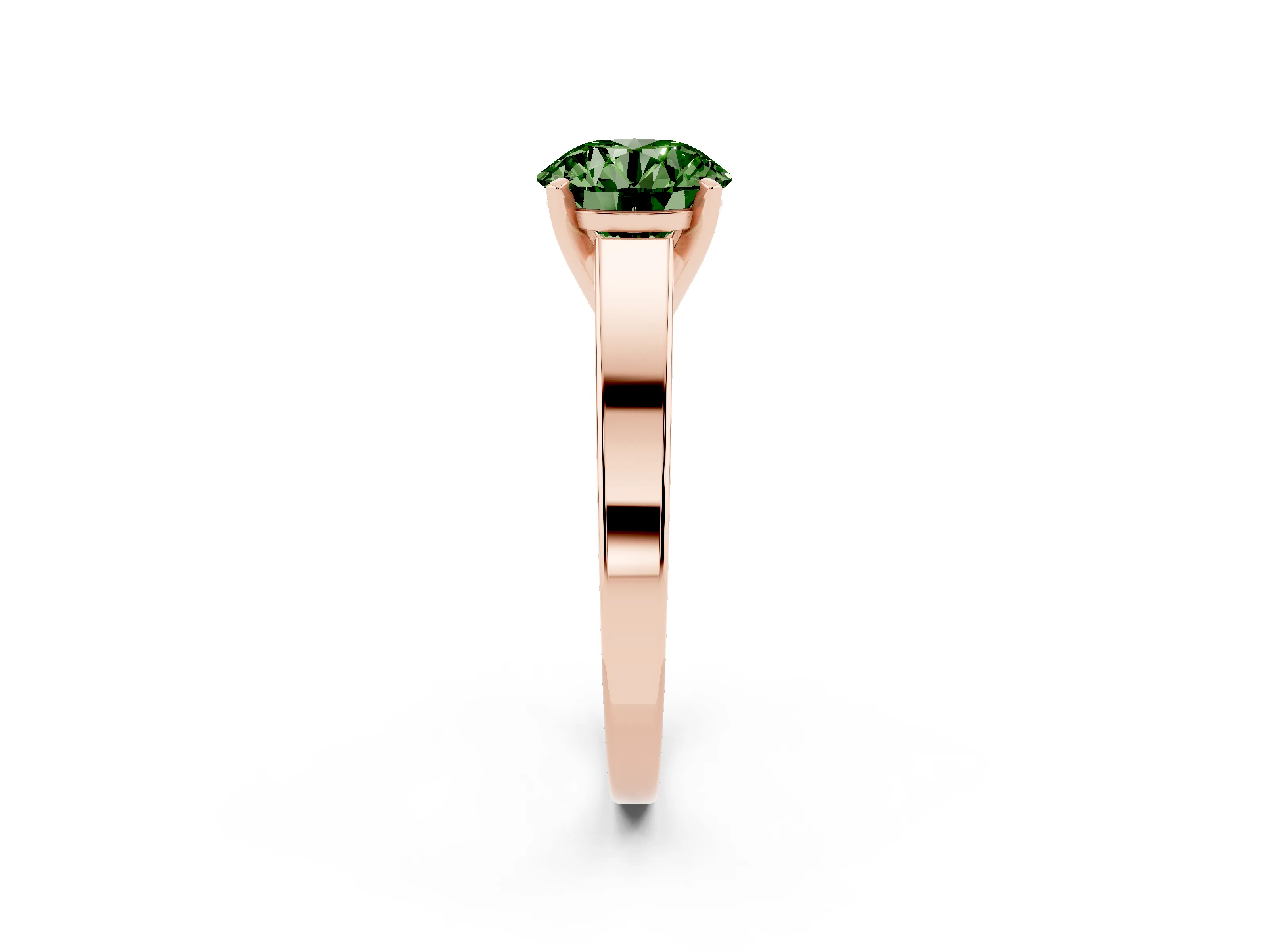 Fancy Green Round Cut Diamond Solitaire Engagement Ring Set in Rose gold with Prong Setting and Tapered Band