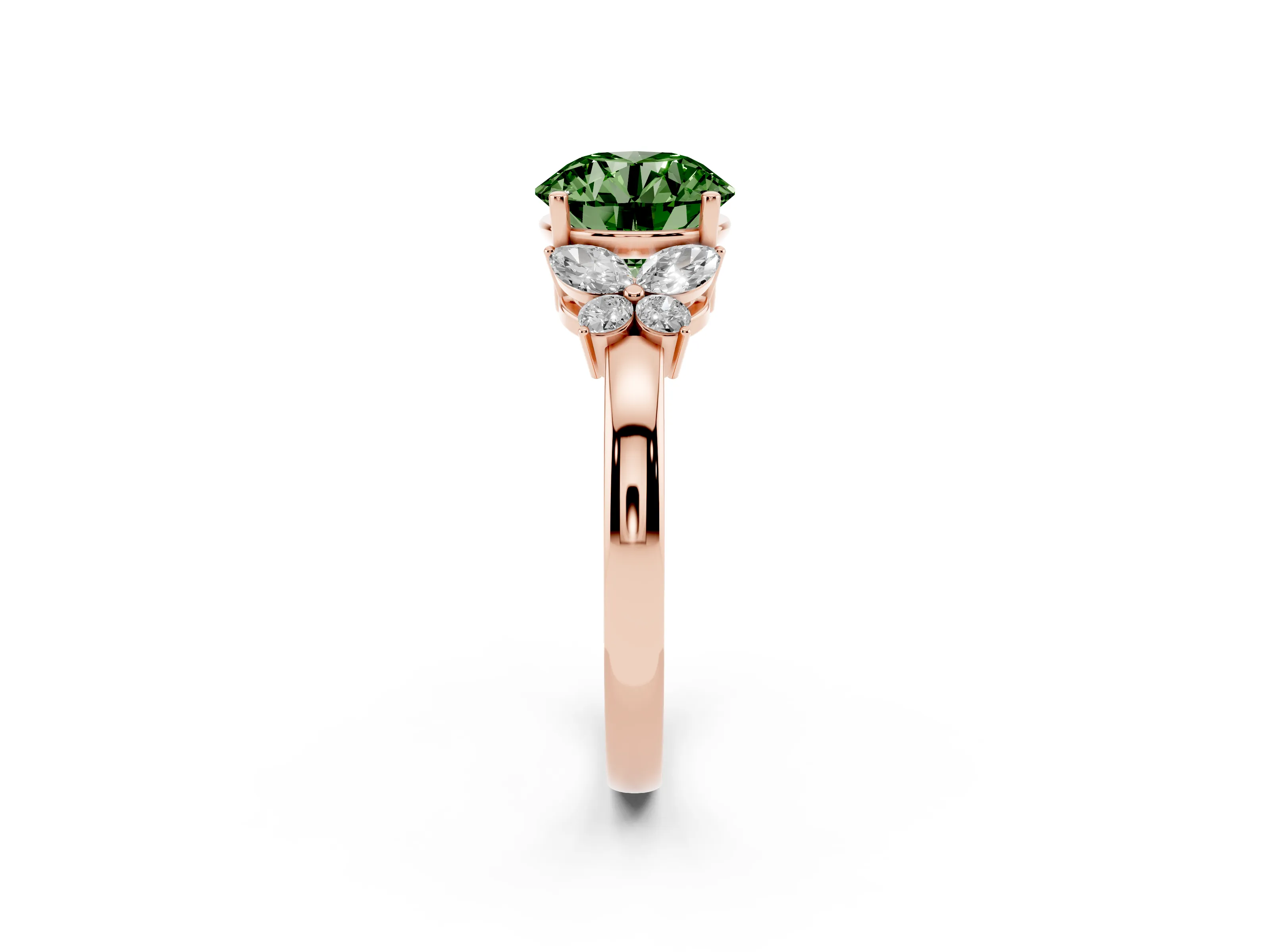 Fancy Green Round Cut Diamond Solitaire Floral Ring Set in Rose gold with Marquise Petals and Prong Setting