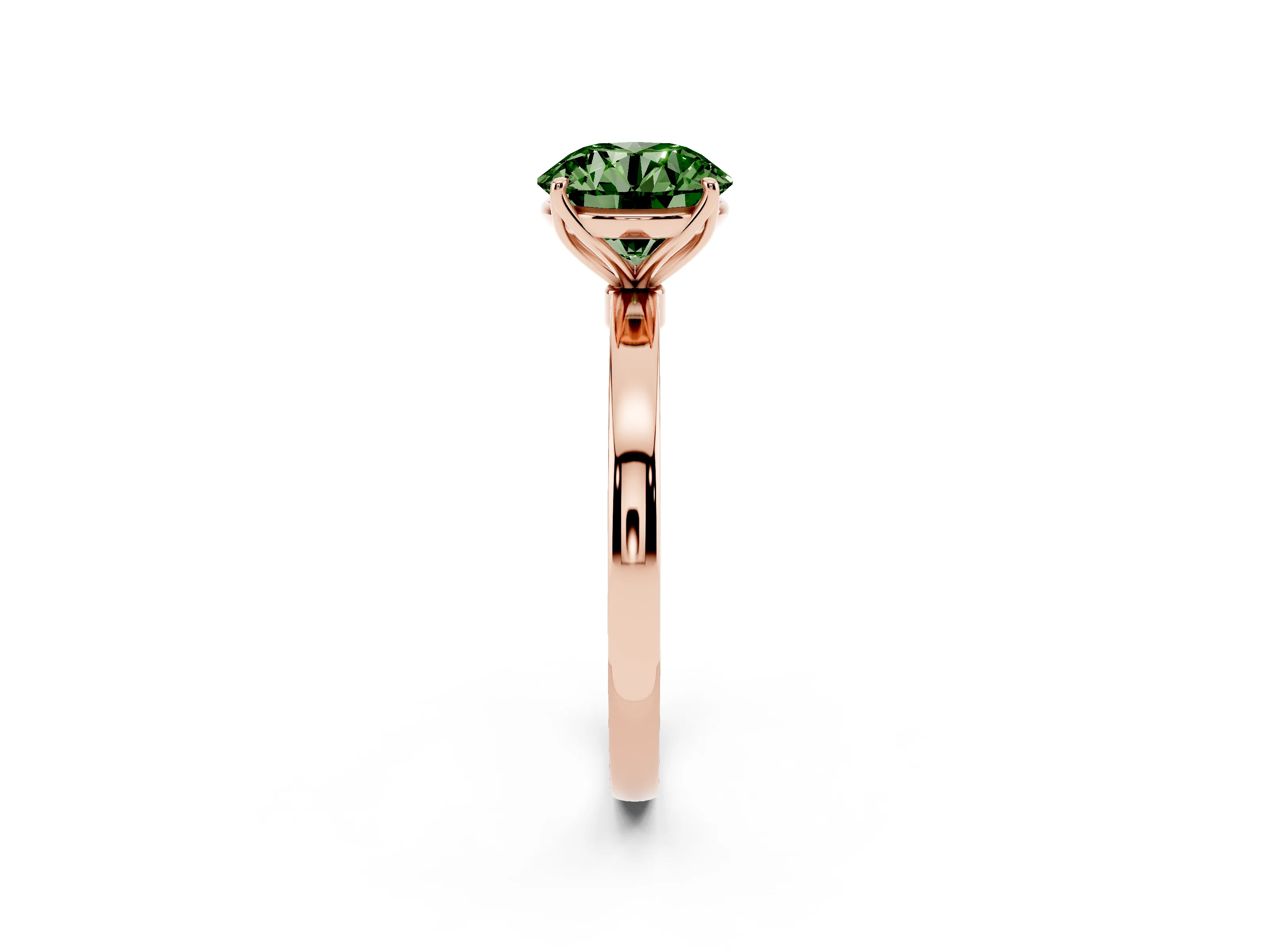 Fancy Green Round Cut Diamond Solitaire Ring Set in Rose gold with Prong Setting and Thin Polished Band