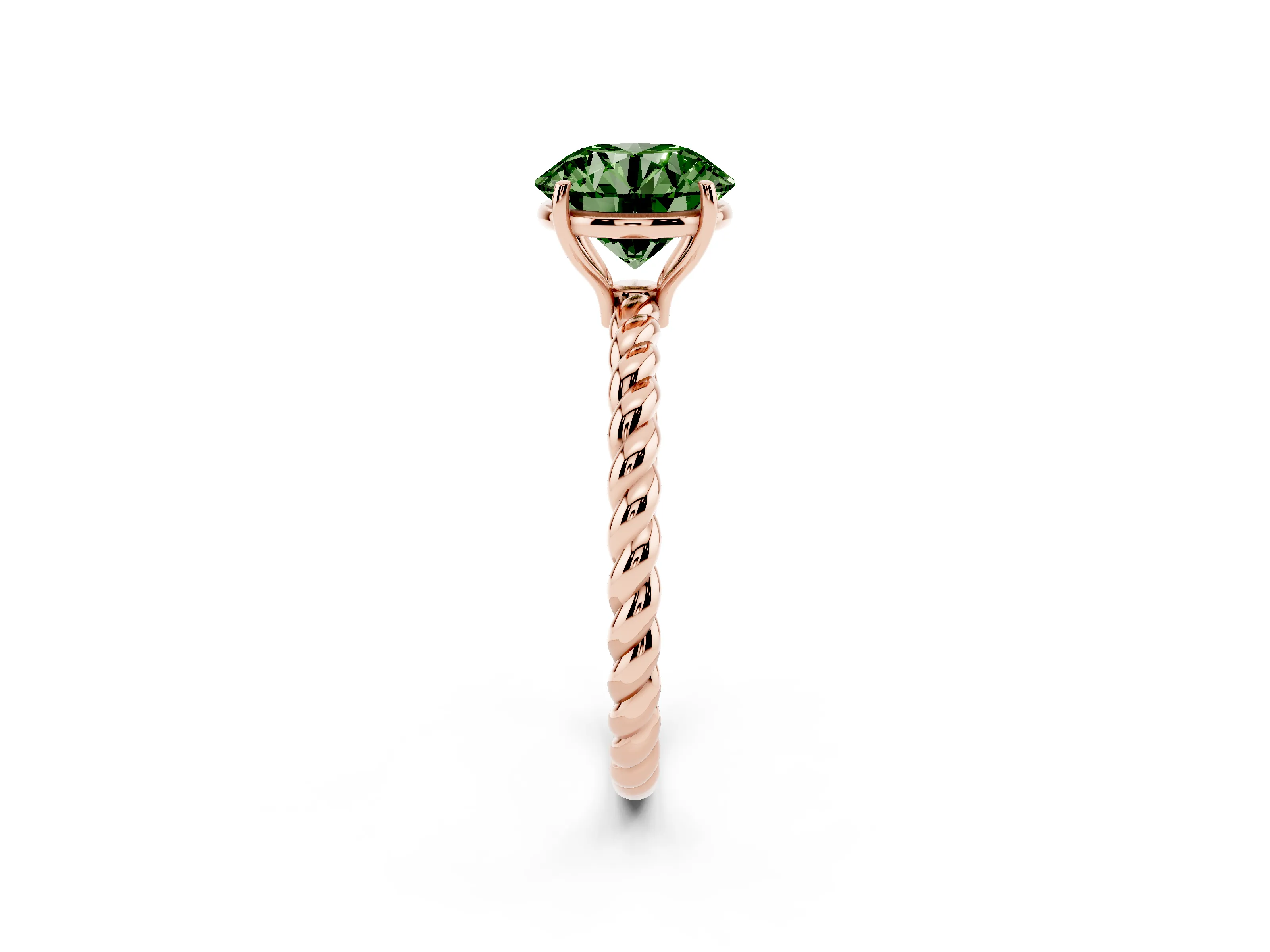 Fancy Green Round Cut Diamond Solitaire Ring Set in Rose gold with Twist Band and Prong Setting
